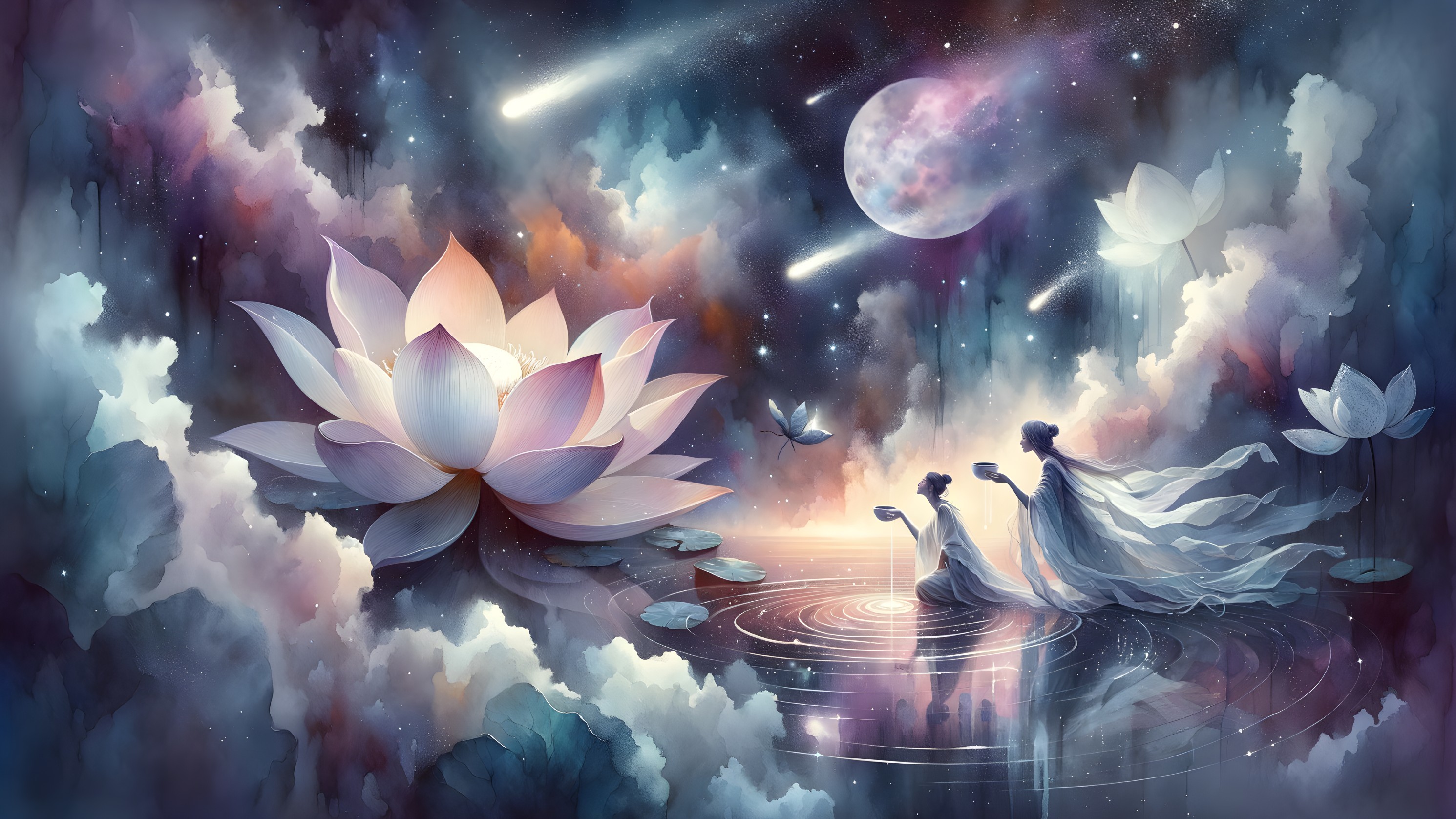 Serene Scene with Lotus Flower and Starry Sky