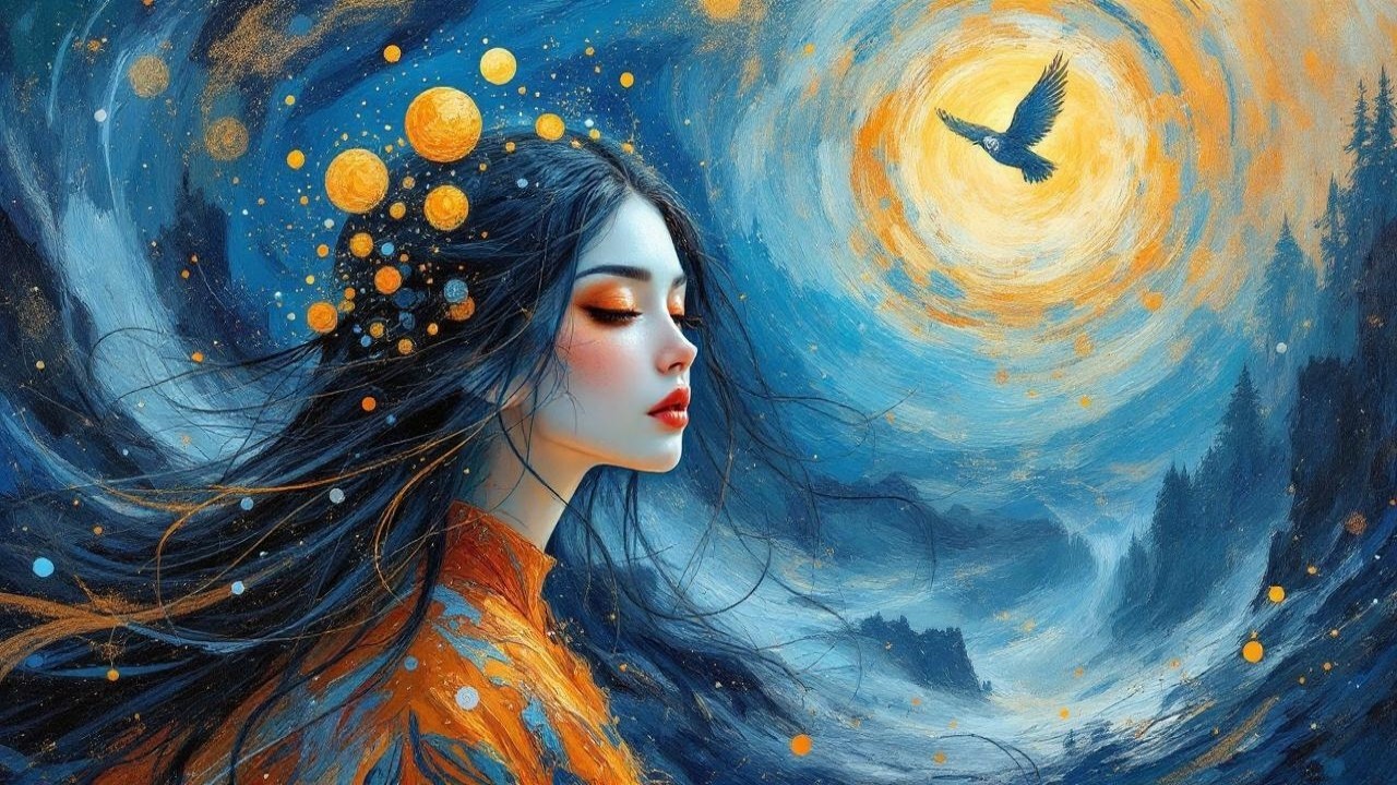 Serene Young Woman Against Dreamlike Sky Backdrop