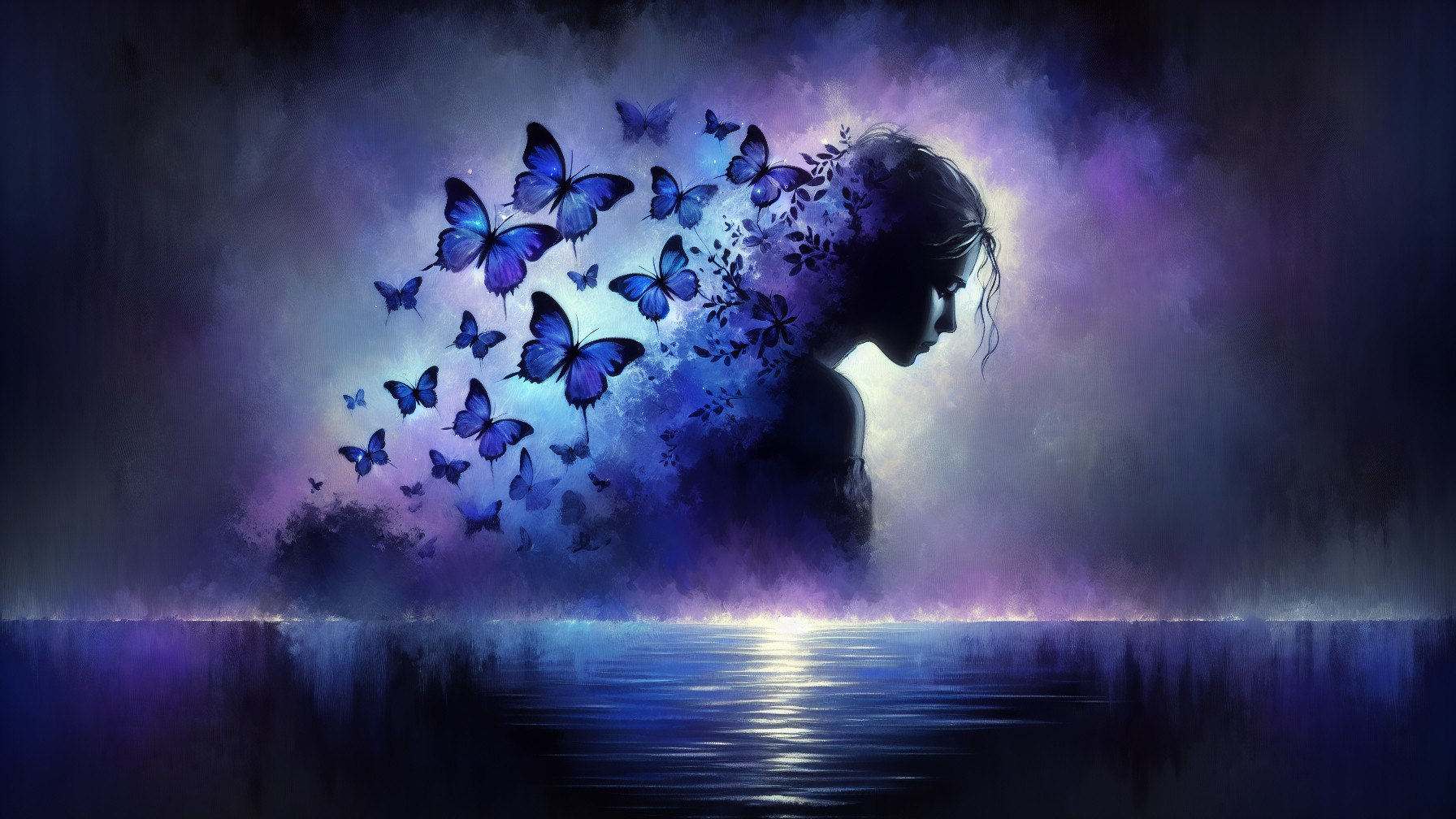 Serene Silhouette with Ethereal Butterflies and Colors