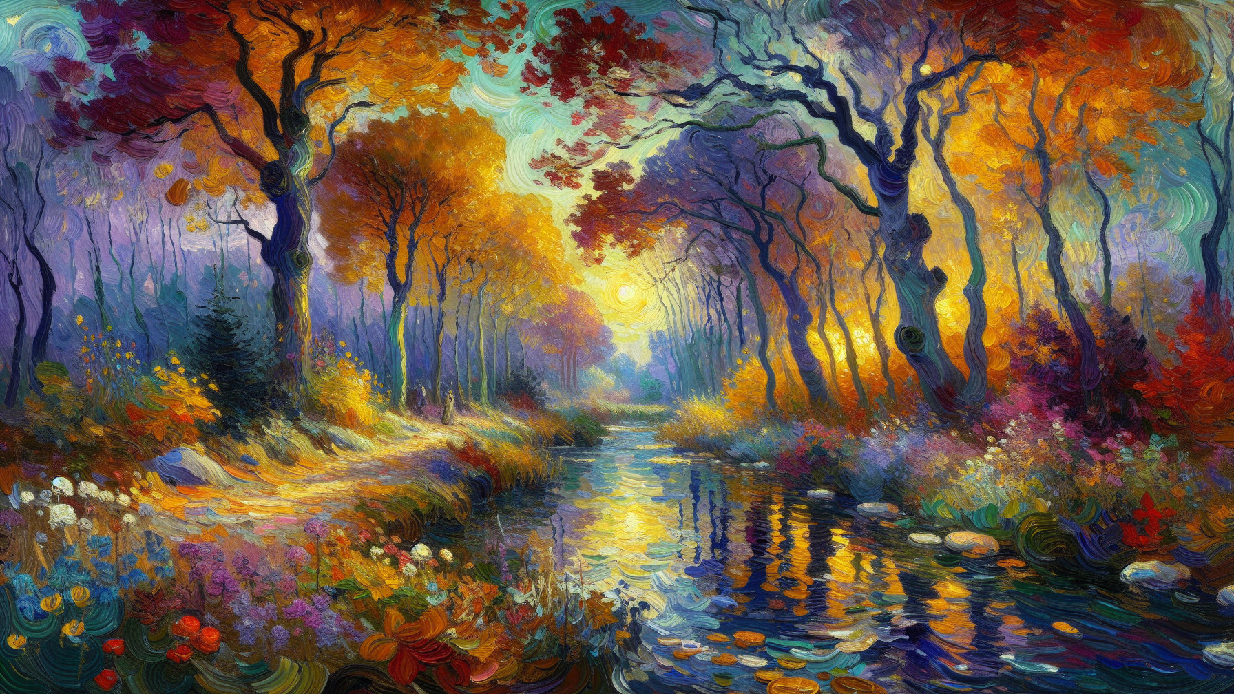 Vibrant Autumn Scene with Tranquil Creek and Forest