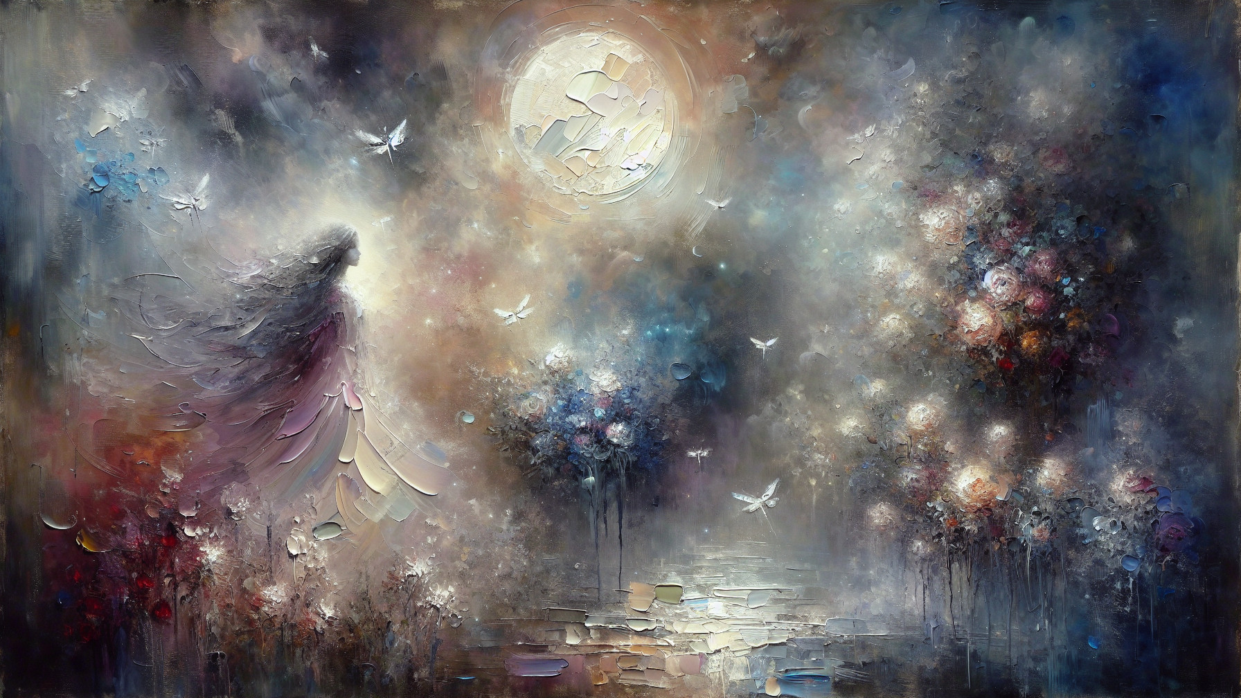 Dreamy Landscape with Ethereal Figure and Colorful Trees