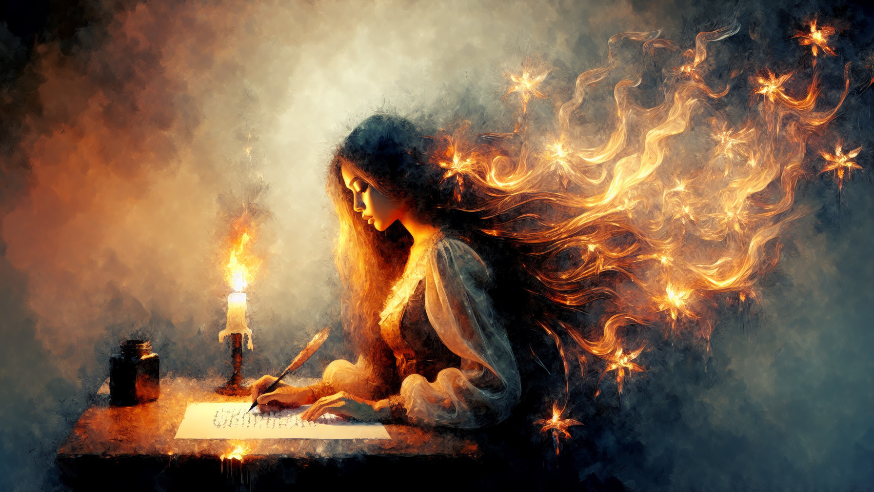 Young Woman Writing with Quill in Magical Setting