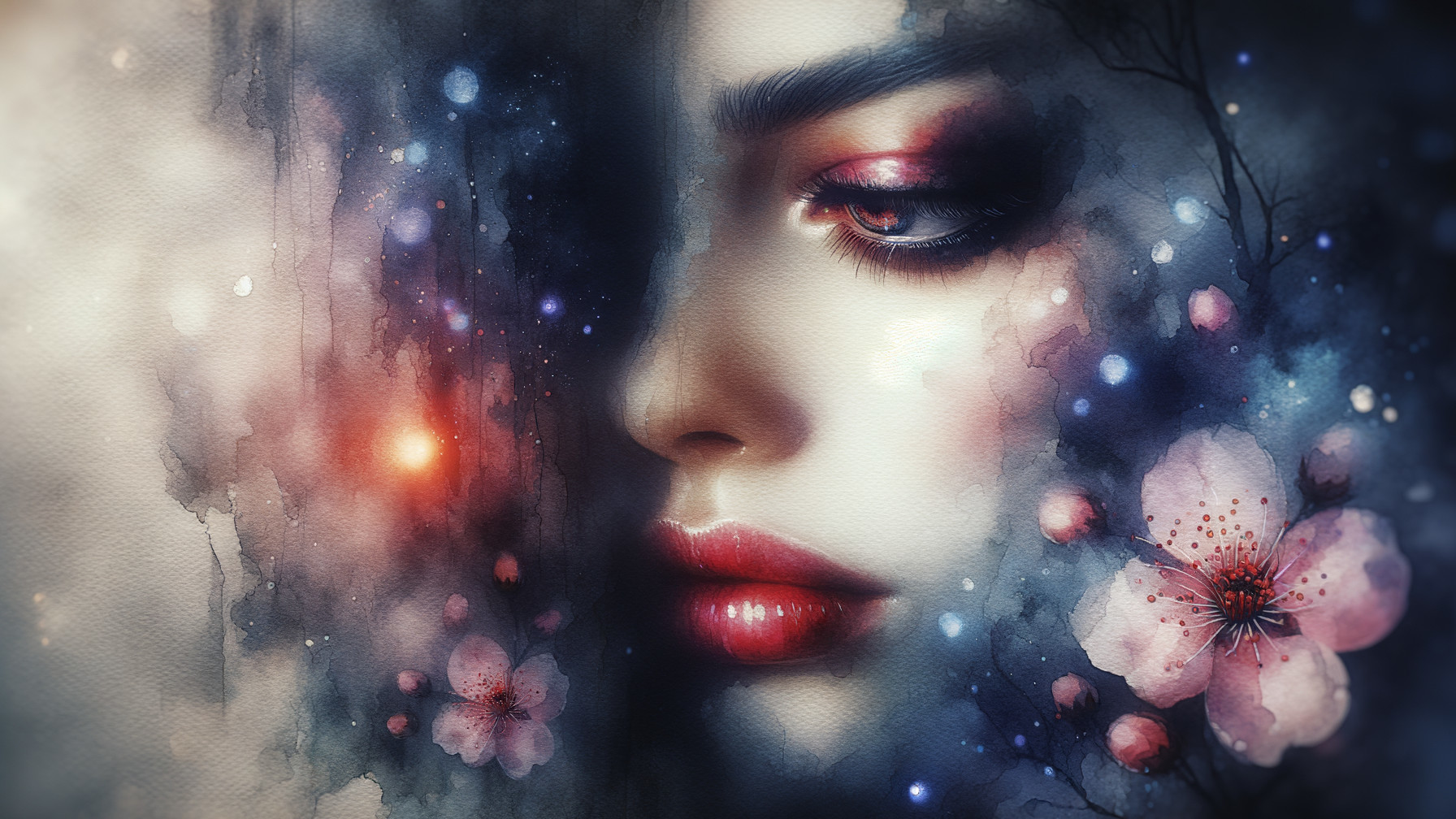Portrait of a Woman with Watercolor and Cherry Blossoms