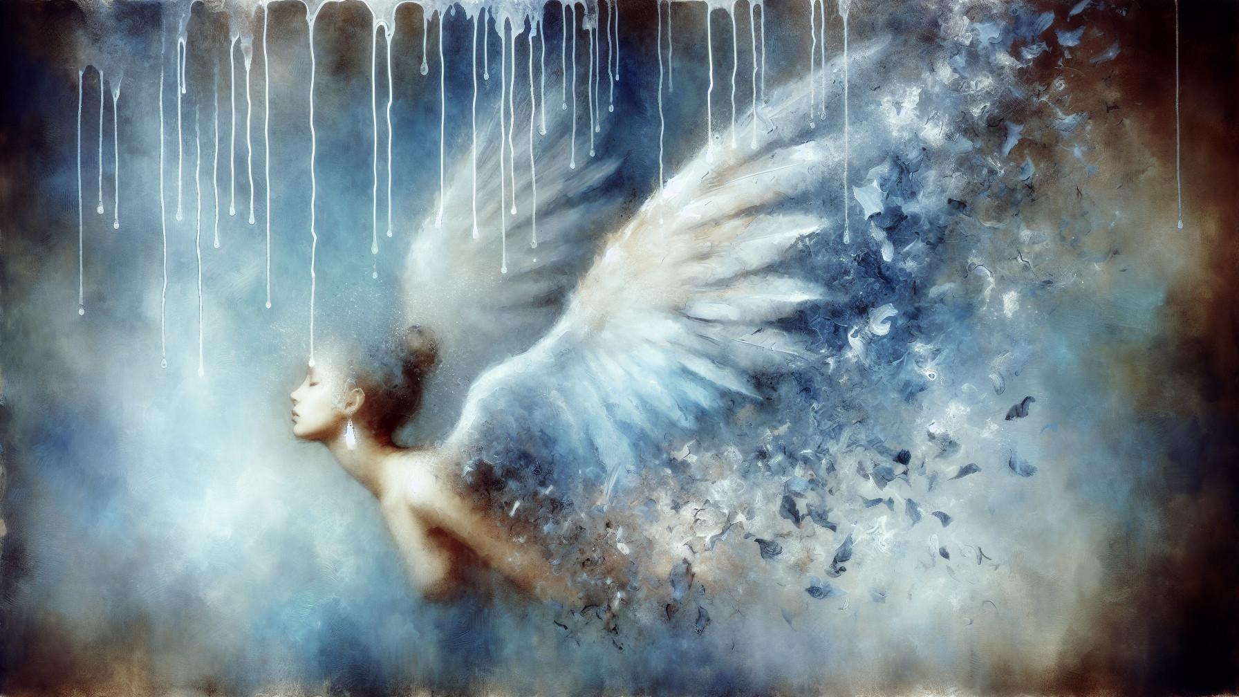 Angelic Female Figure with Feathered Wings in Motion
