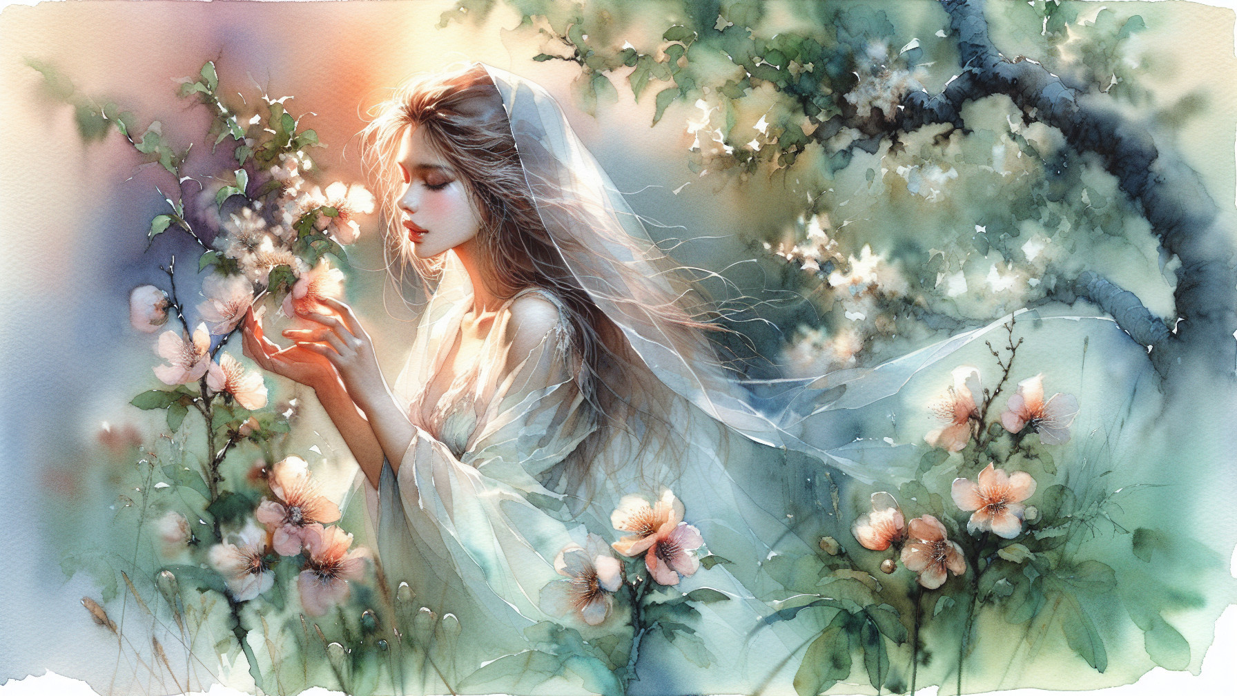 Serene Young Woman in Flowing Gown Among Blossoms