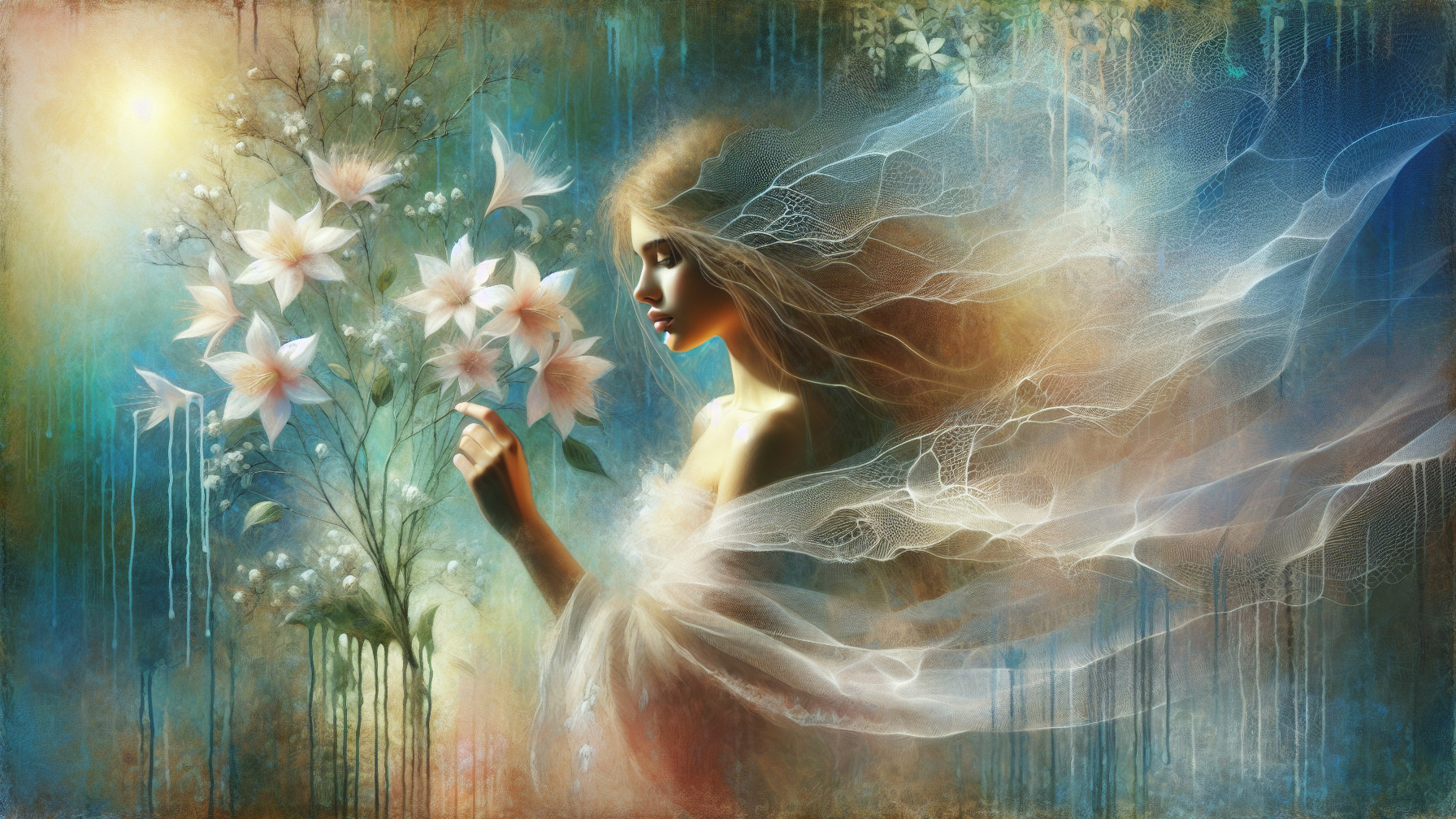 Ethereal Figure Surrounded by Delicate Flowers
