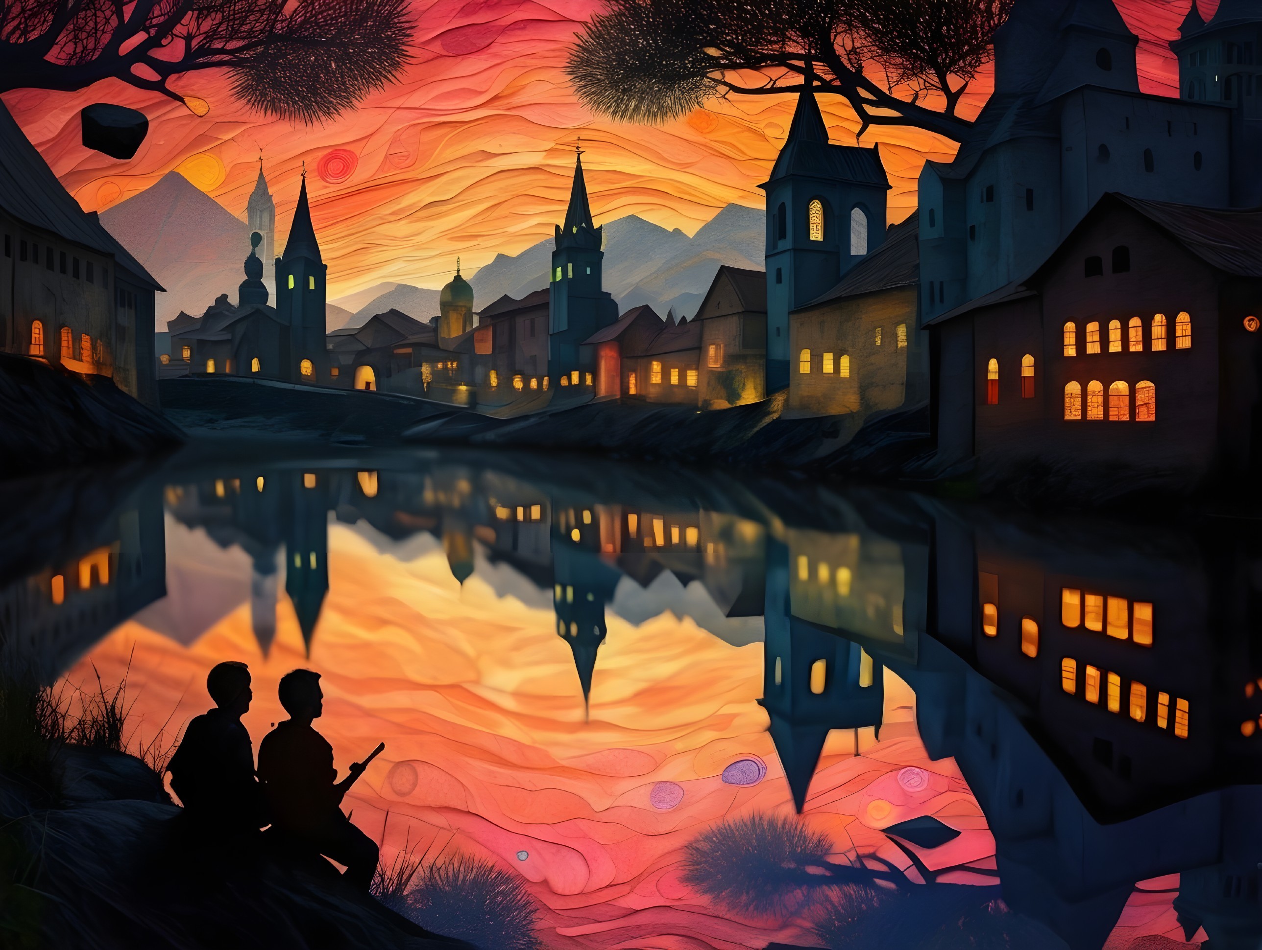 Sunset Landscape with Figures by a Calm Lake