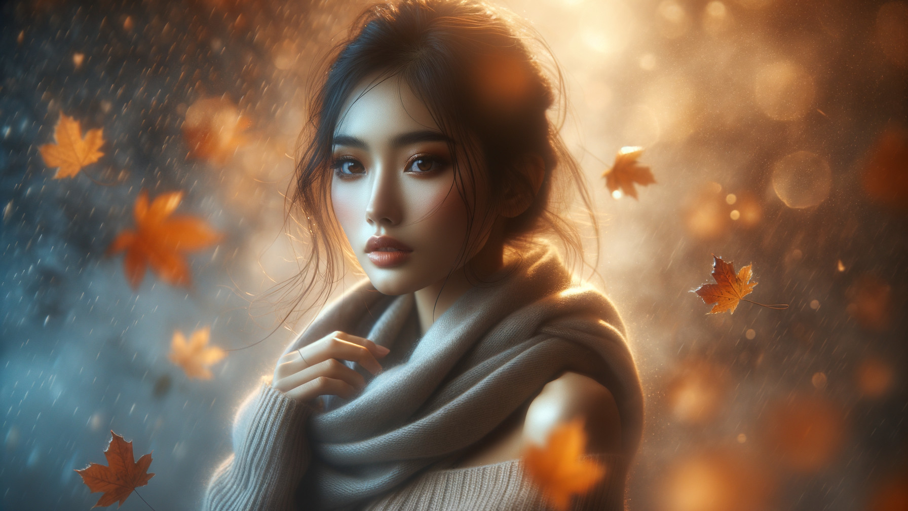 Young woman in oversized sweater among autumn leaves