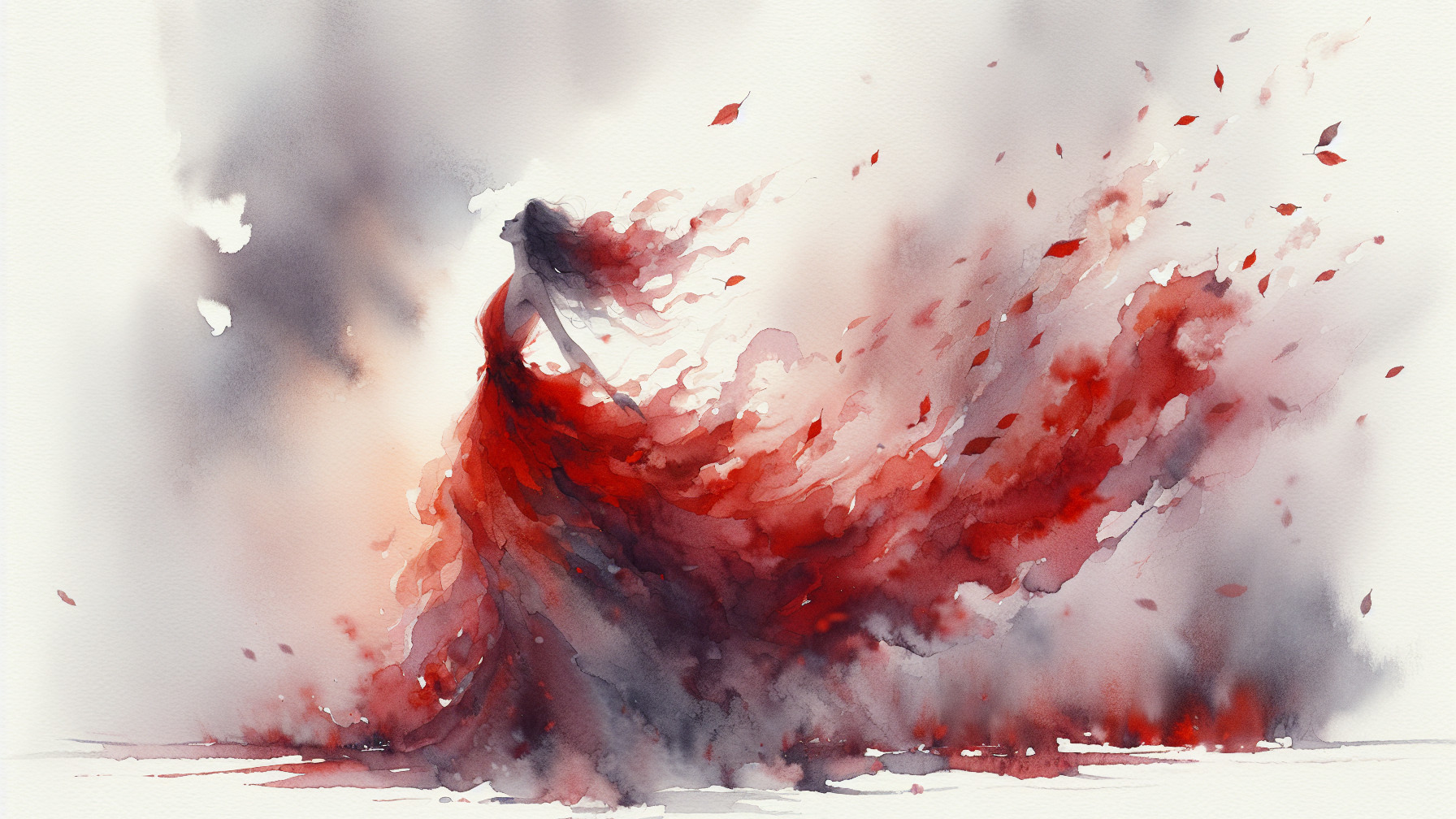 Fluid Watercolor of Figure in Red Dress with Leaves