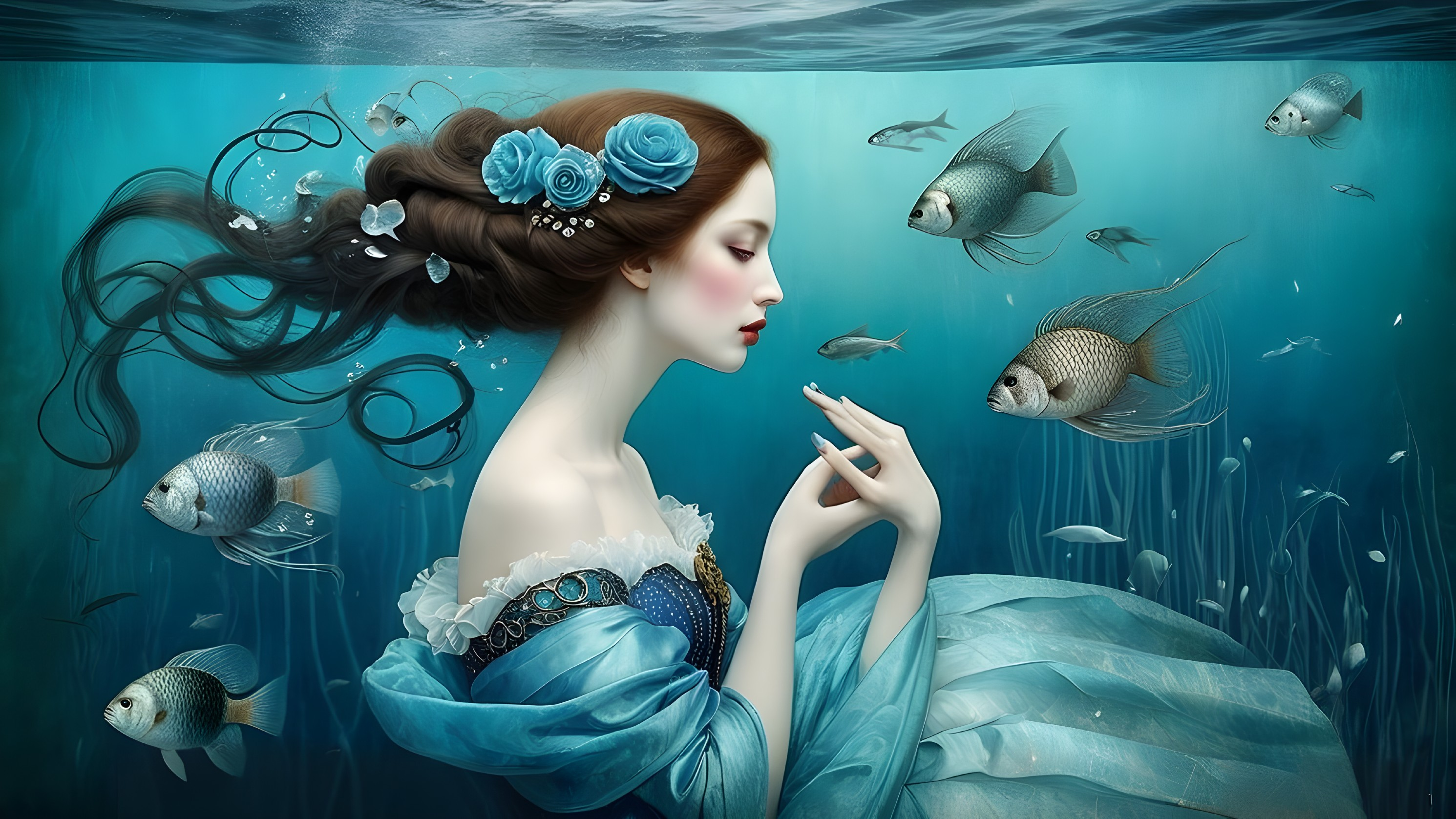 Underwater Scene of a Woman in Blue Gown and Roses
