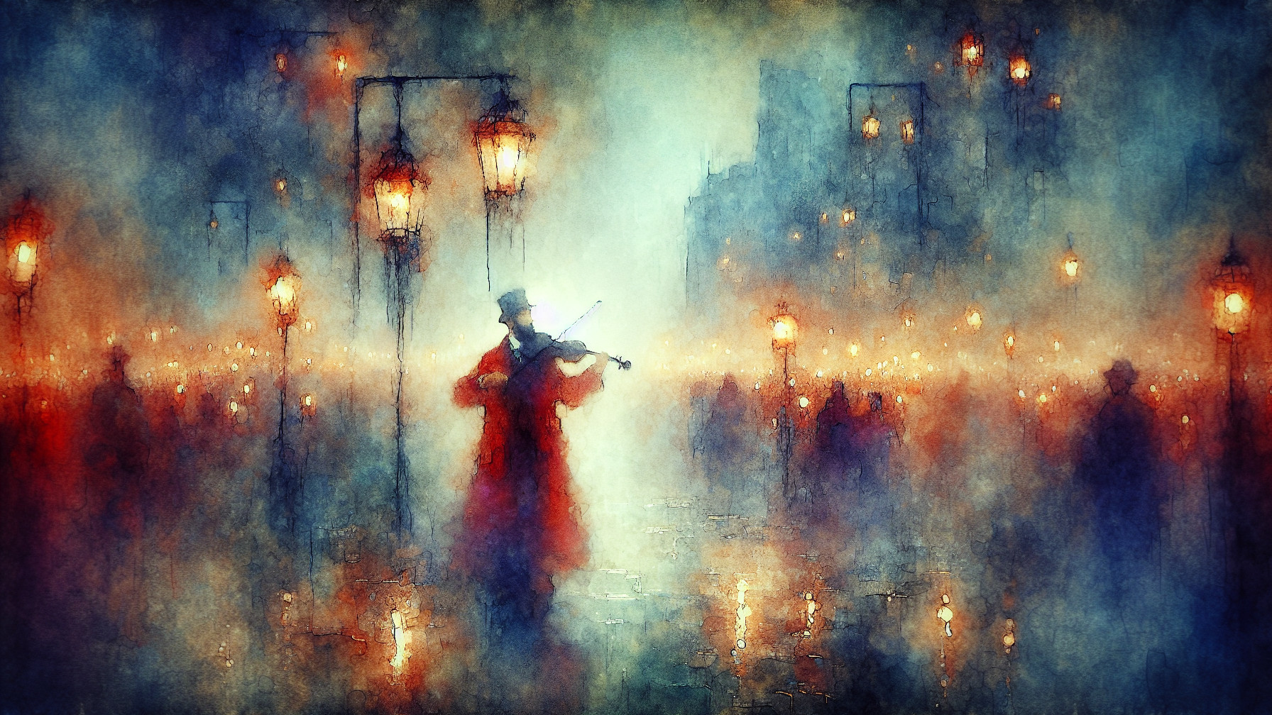 Musician in Red Coat Playing Violin on Misty Street