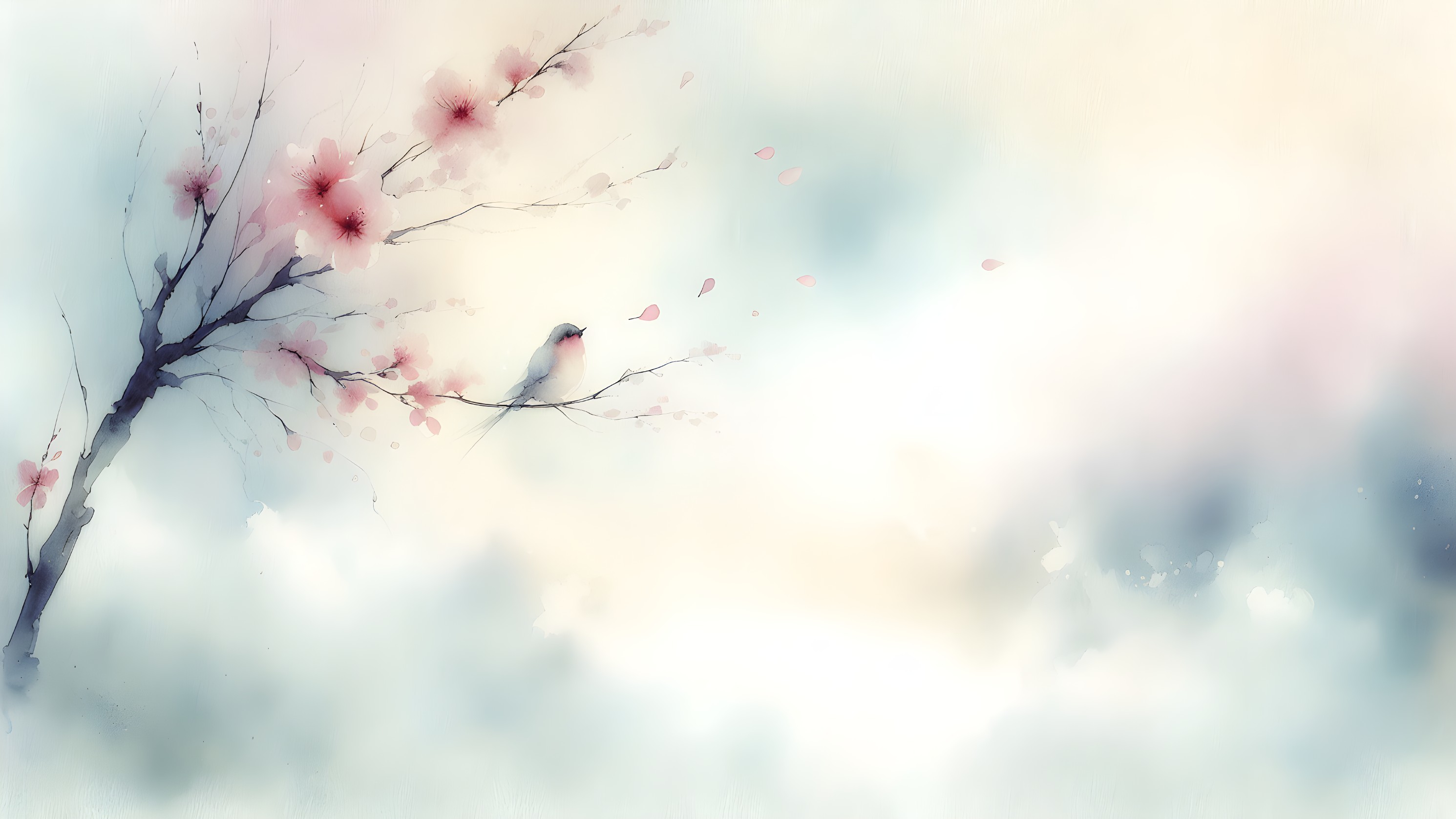 Watercolor Scene of Blossoming Branch and Bird