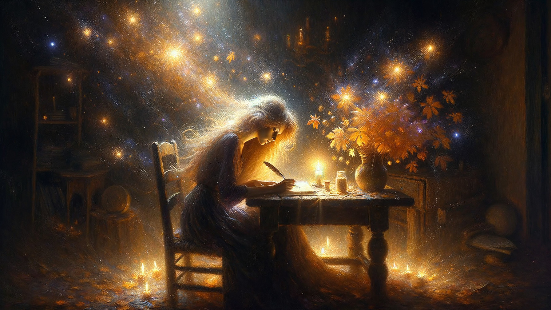 Serene Woman Writing in Candlelit Room with Flowers