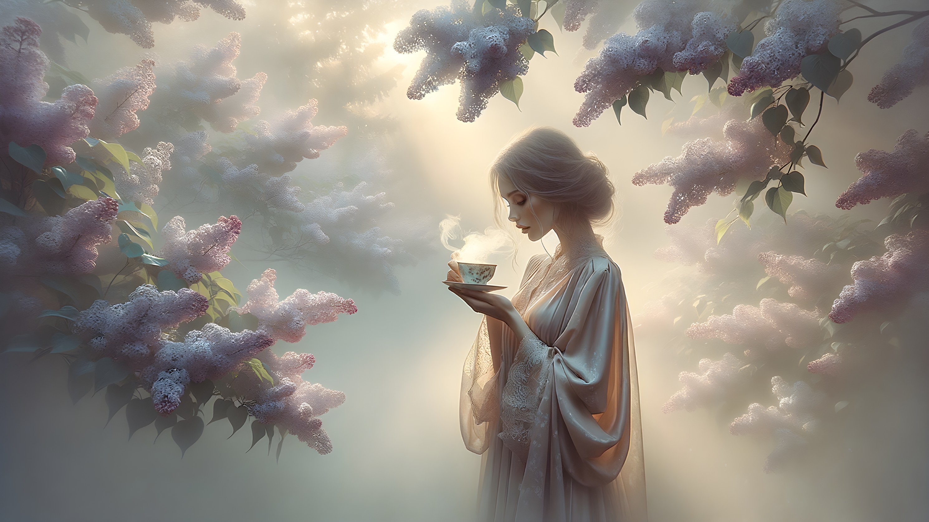 Serene Woman in Light Robe Surrounded by Lilacs
