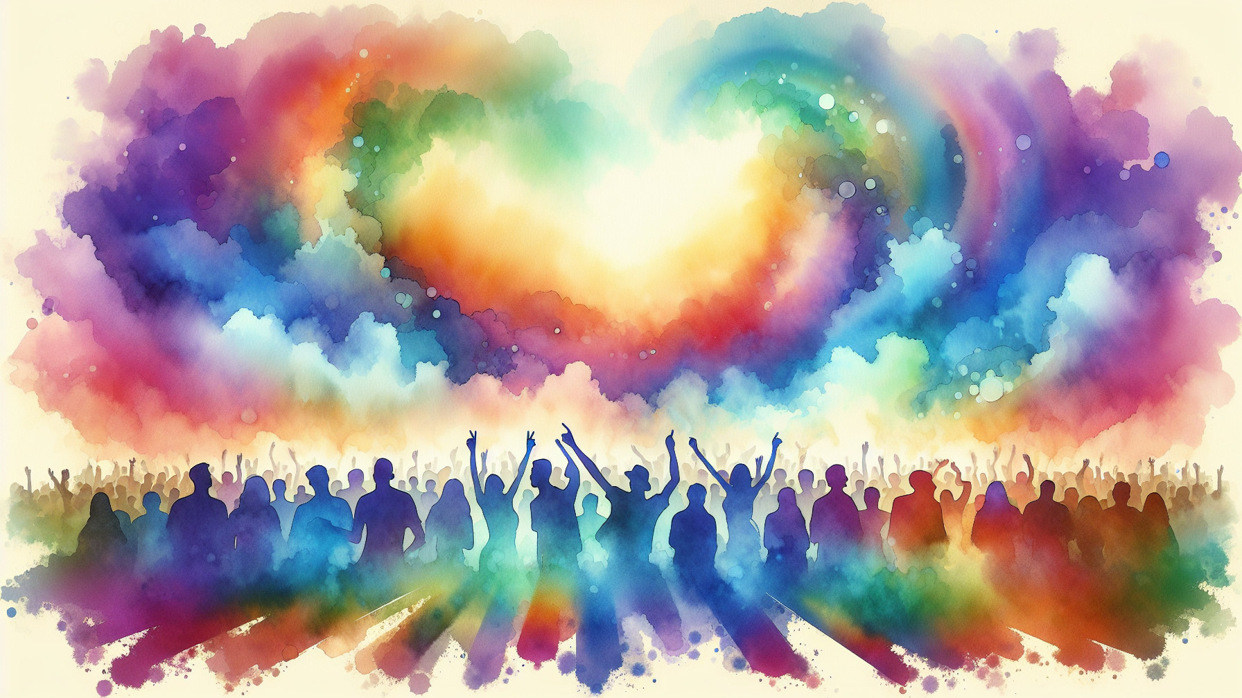 Vibrant Watercolor Celebration Scene with Silhouetted Crowd