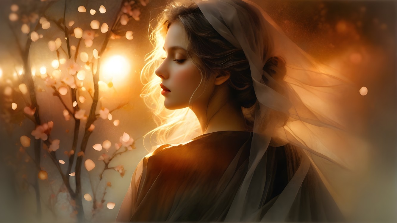 Serene Woman Profile with Veil and Cherry Blossoms