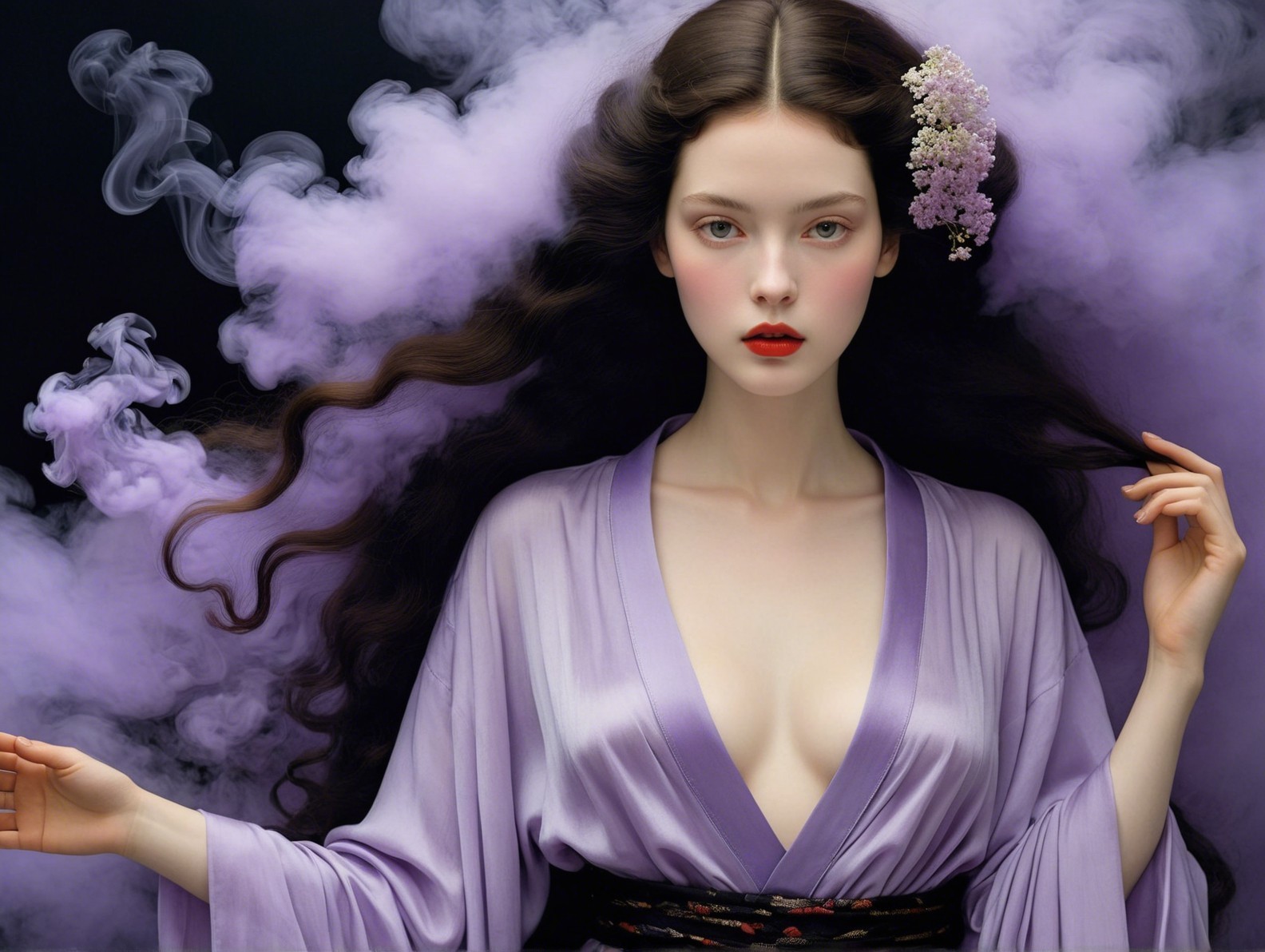 Lavender Kimono Figure Surrounded by Ethereal Smoke