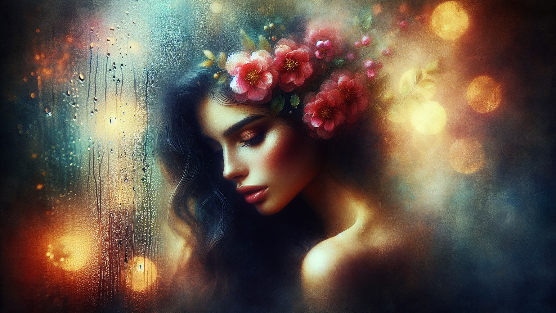 Soft-Focus Portrait of Woman with Flowers and Bokeh