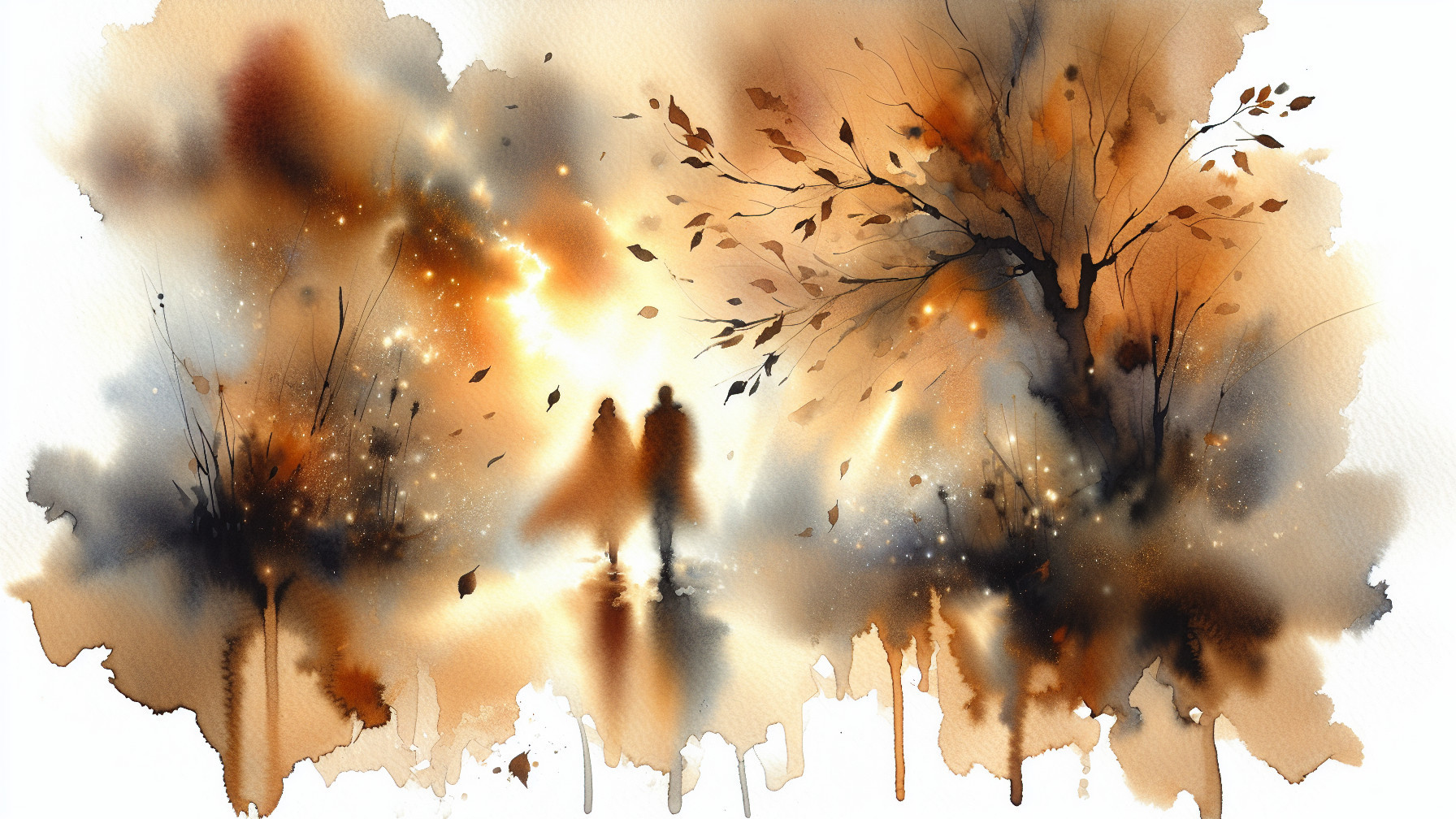 Watercolor Scene of Silhouettes in Autumn Landscape
