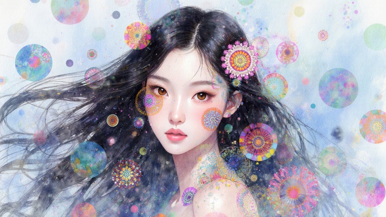 Portrait of a Young Woman with Black Hair and Colors