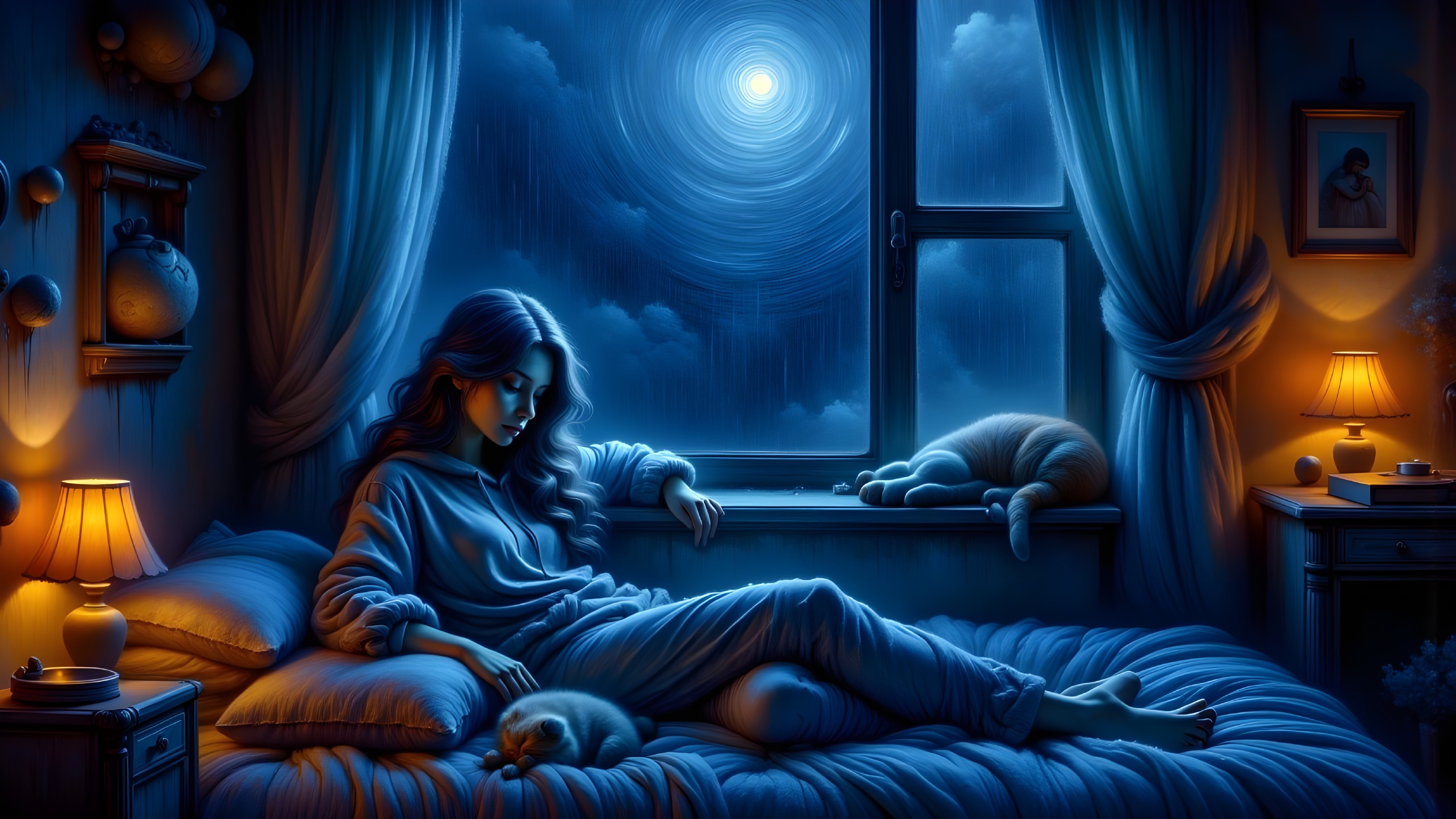 Serene Moonlit Room with Woman and Resting Cats