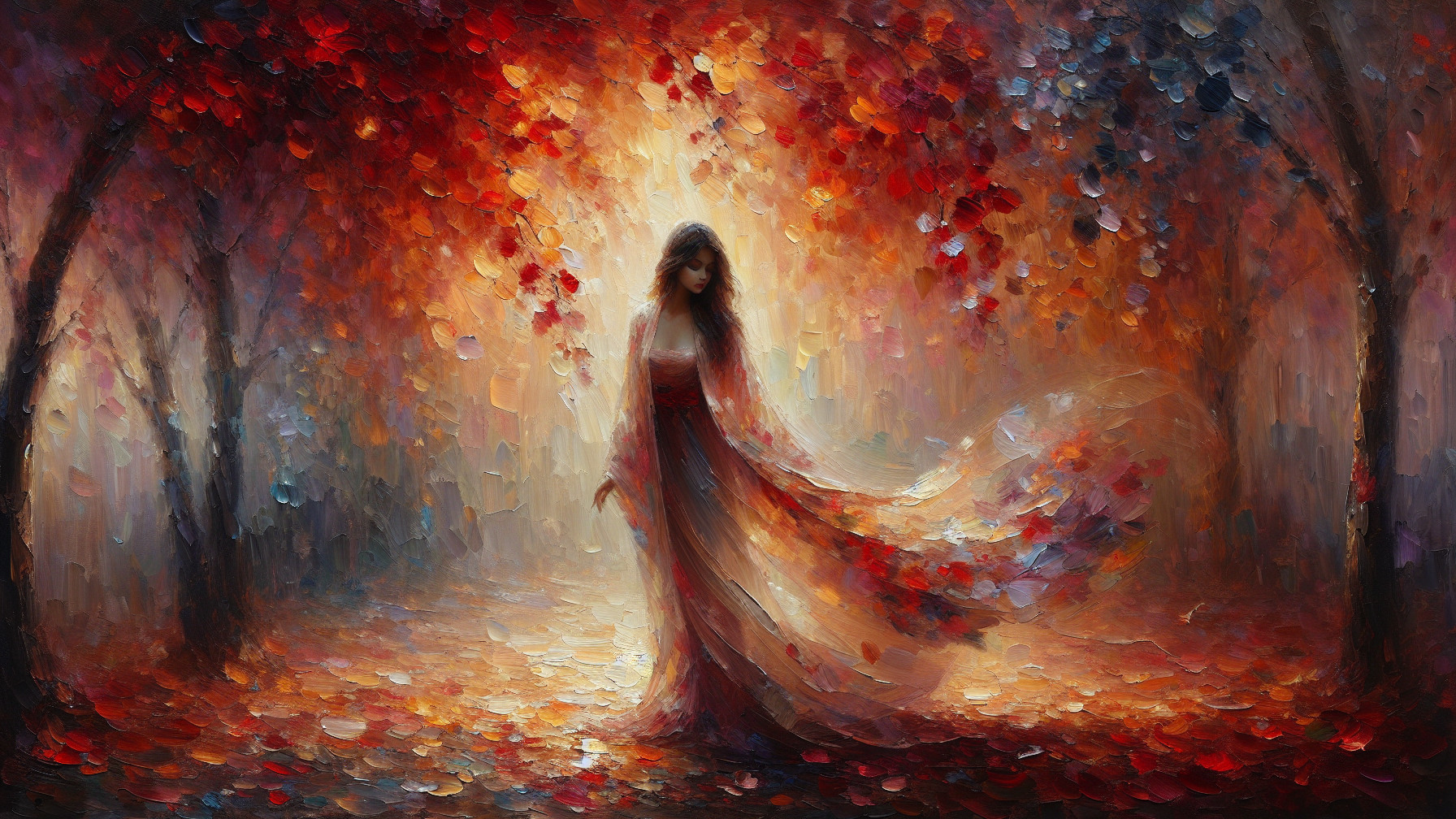 Woman in Red Gown in Autumn Forest Scene
