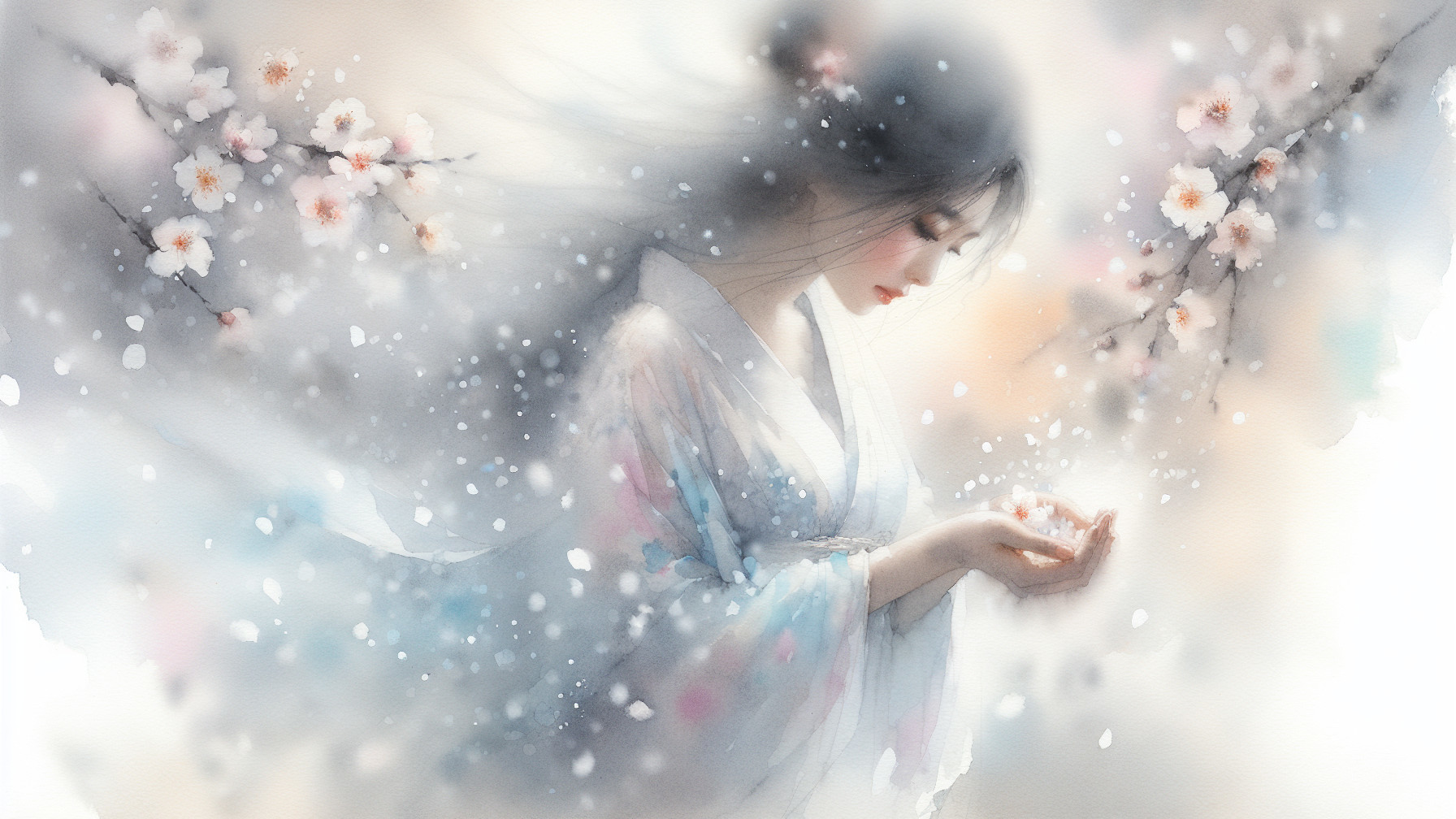 Whimsical Watercolor of Woman in Kimono with Blossoms