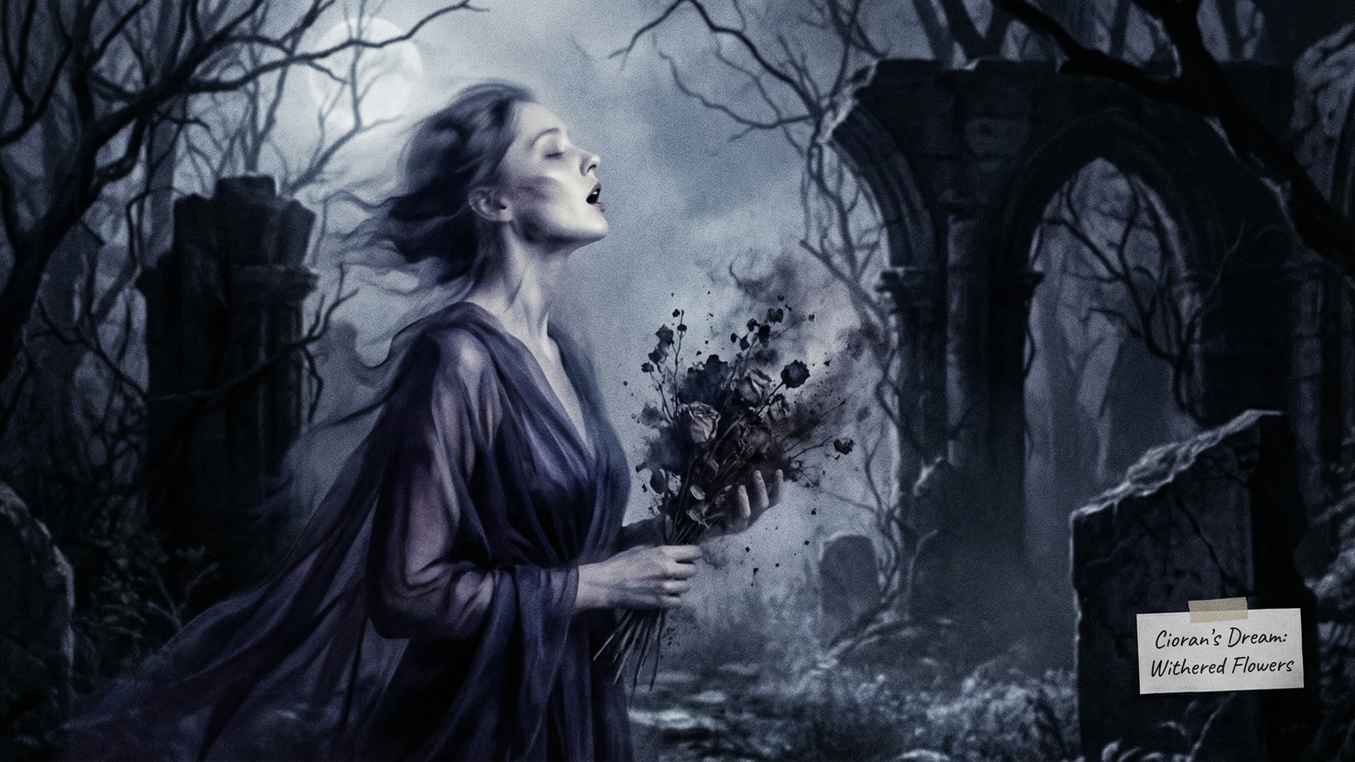 Sorrowful Woman in Dark Graveyard with Dried Flowers