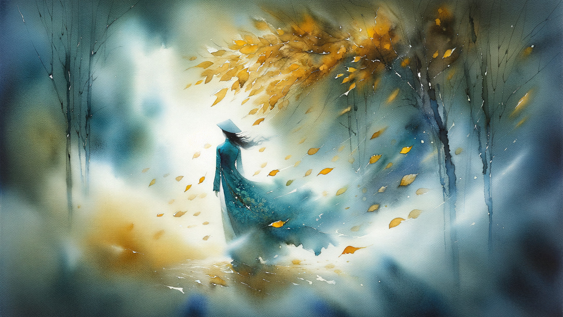 Ethereal Figure Surrounded by Autumn Leaves and Mist