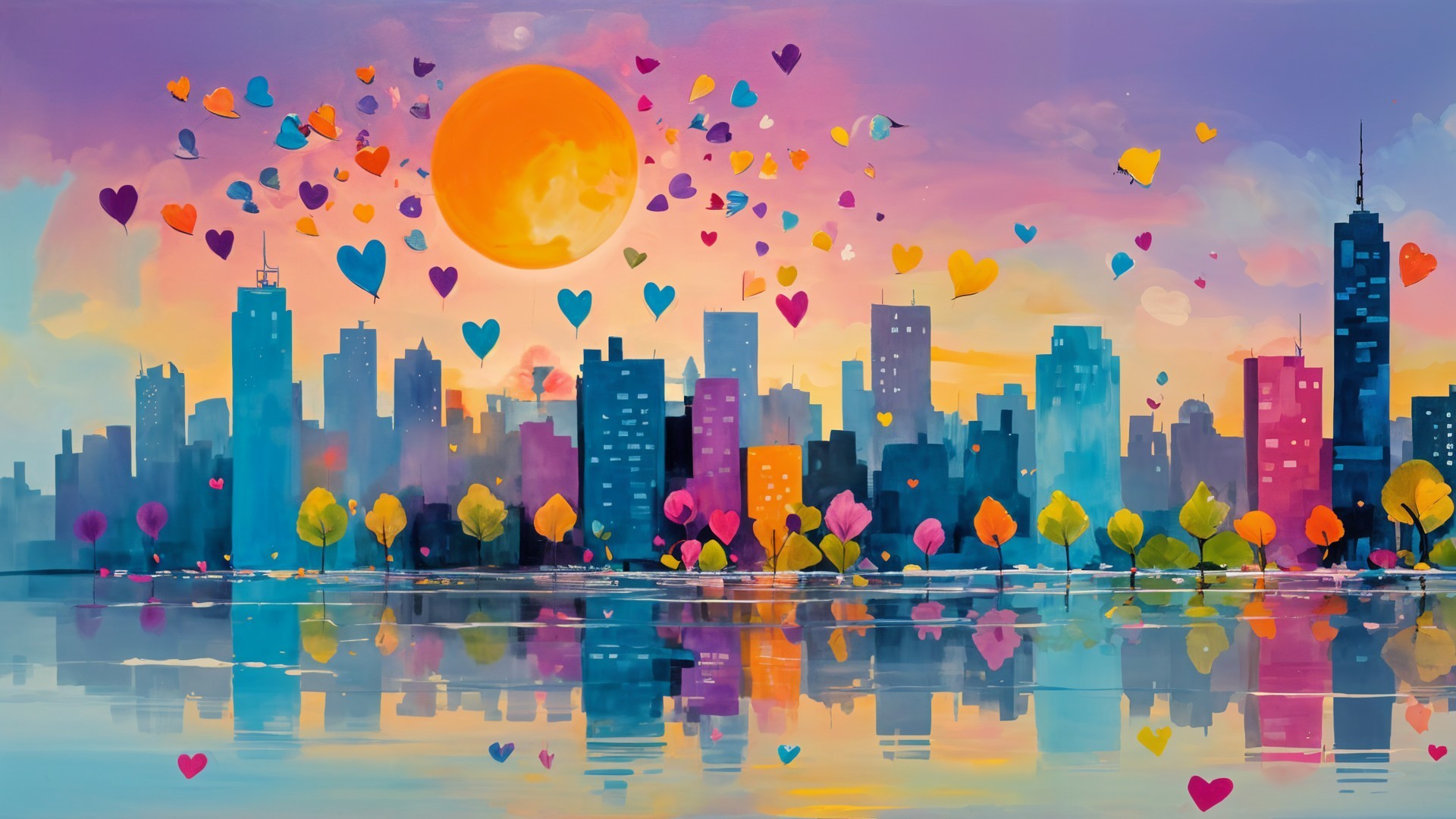 Vibrant Sunset Over Colorful City Skyline and Water