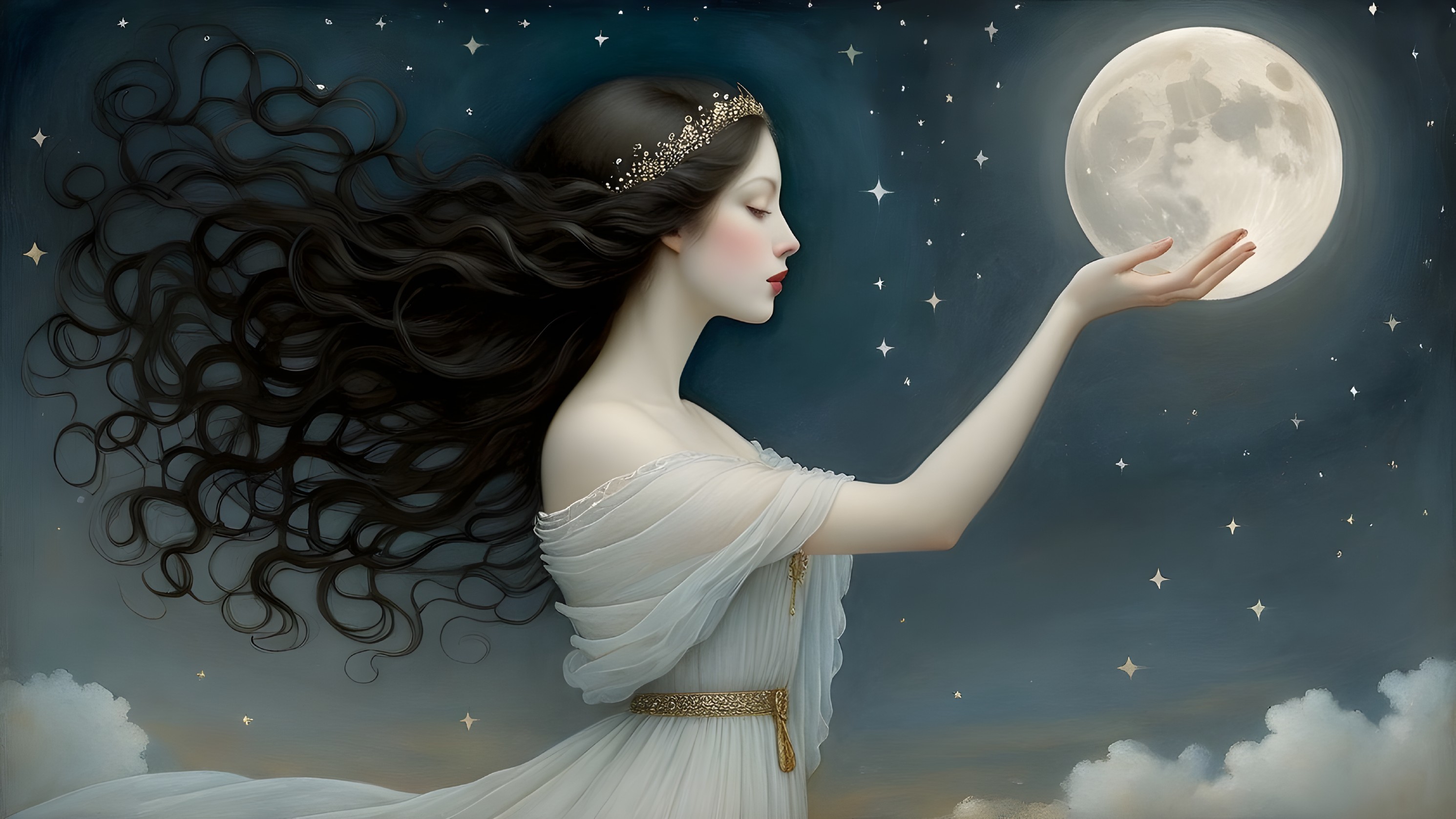 Serene figure in white gown gazes at full moon