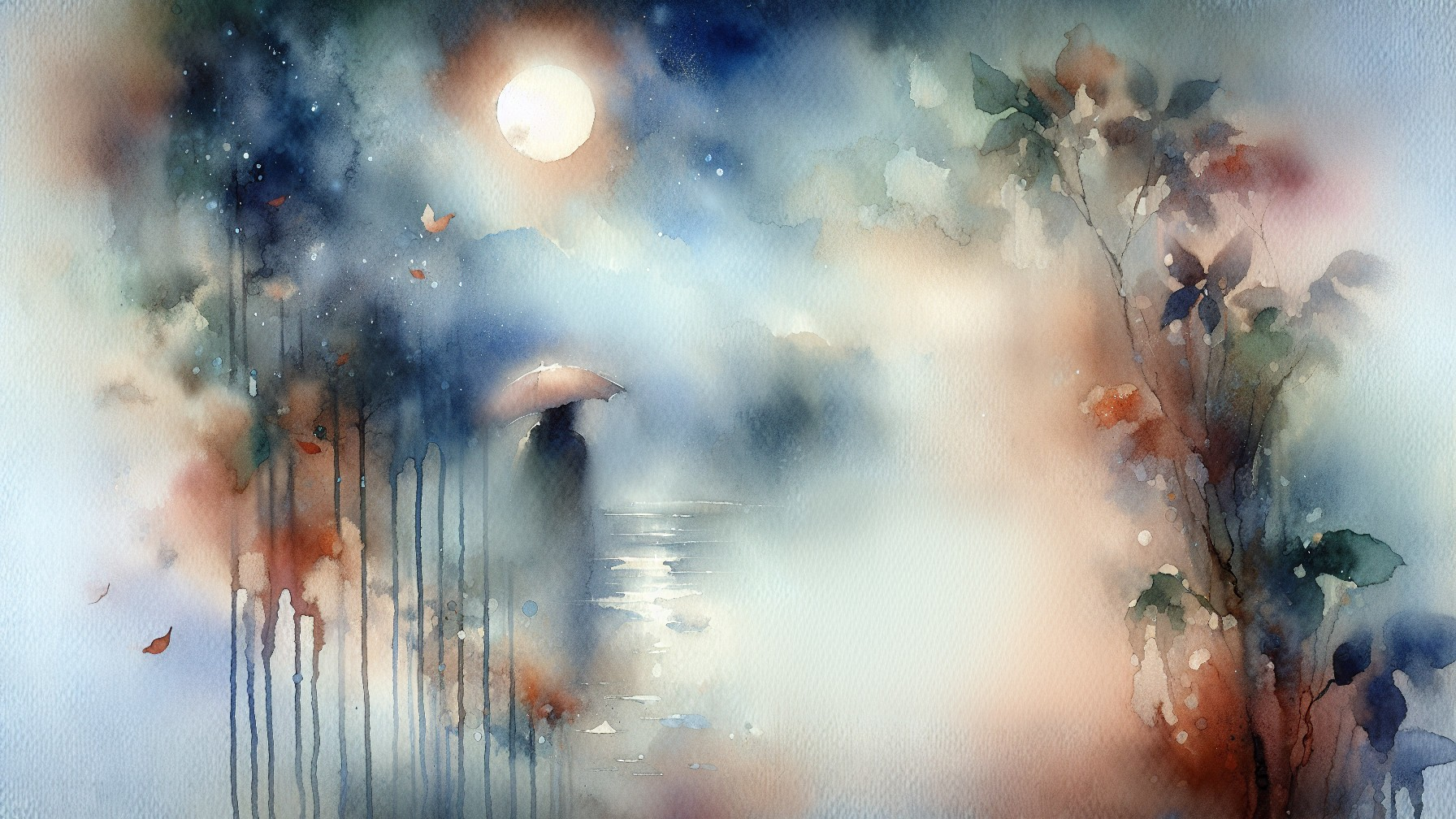 Watercolor Landscape with Figure and Umbrella in Fog