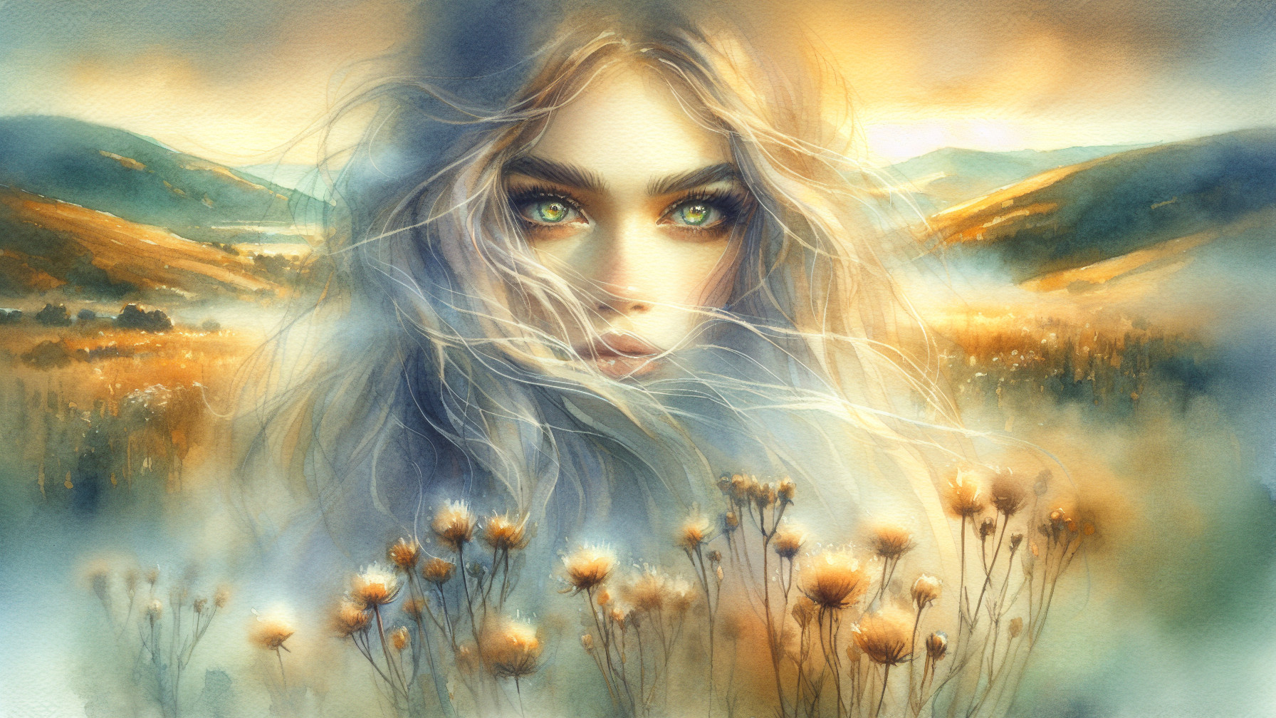 Watercolor Painting of a Dreamy Young Woman in Nature