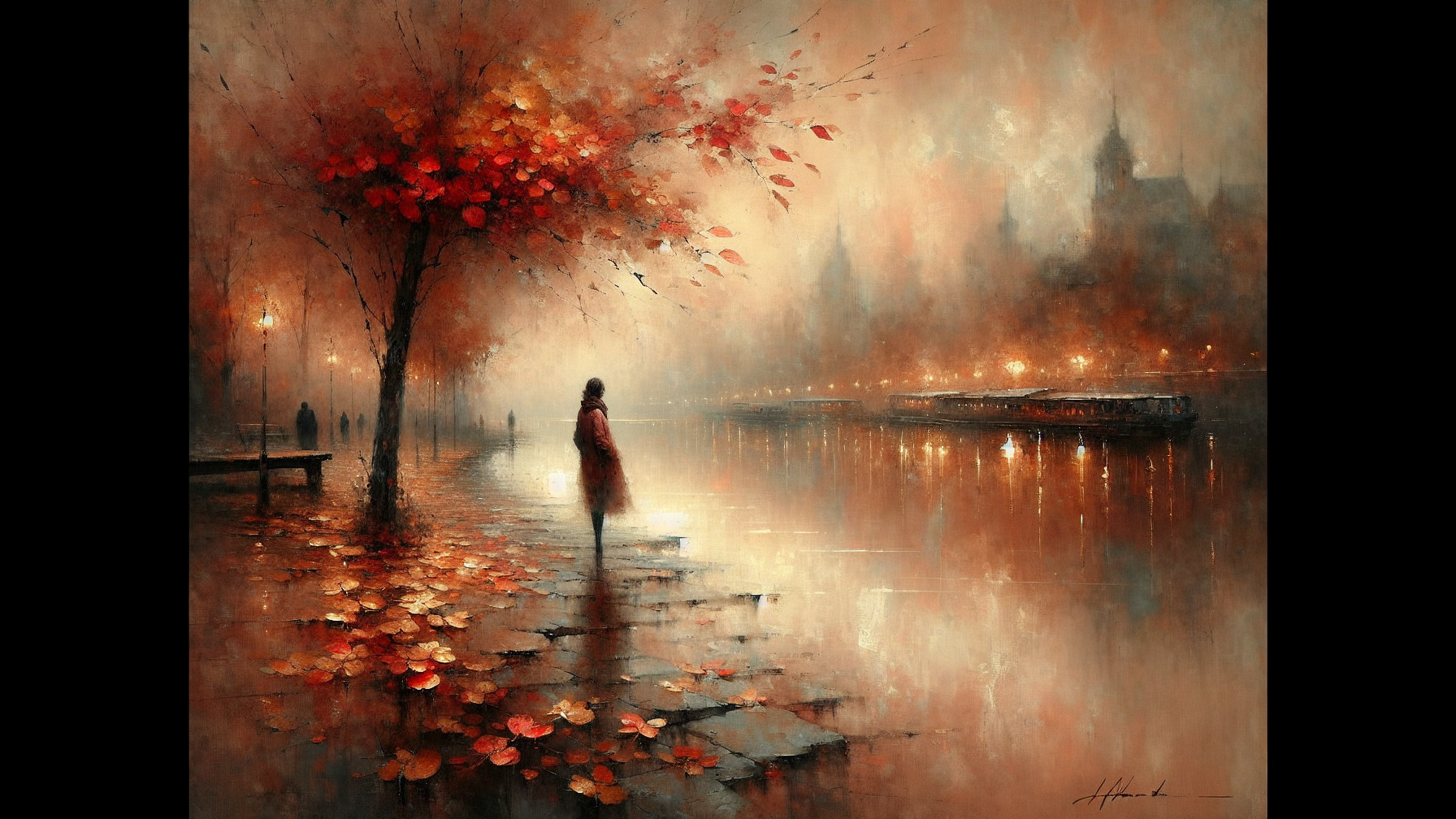Solitary Figure by Misty Riverside in Autumn Hues