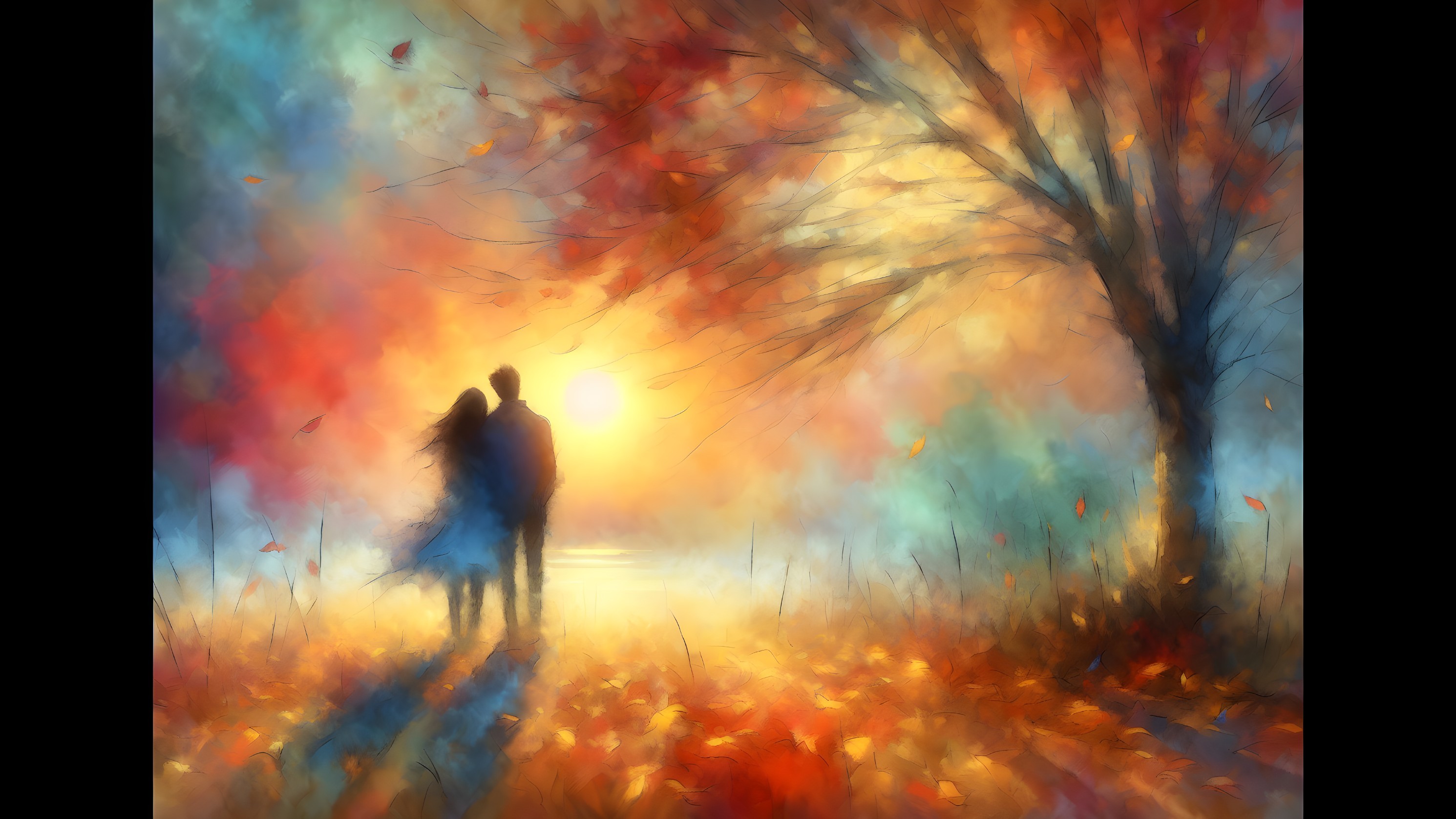 Impressionistic Scene of Couple at Sunset in Autumn