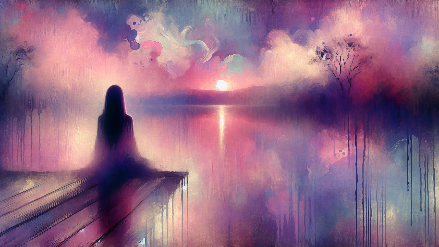 Serene figure at dock by reflective lake at sunset