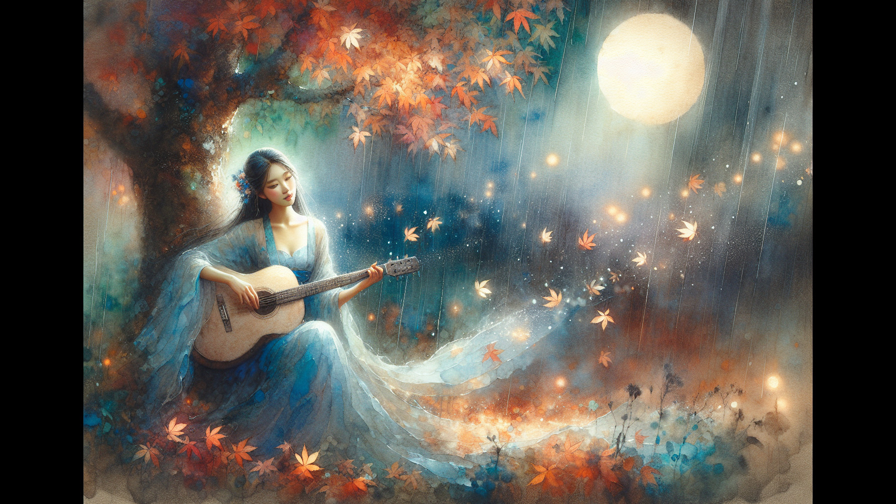Woman in blue gown playing guitar under autumn tree