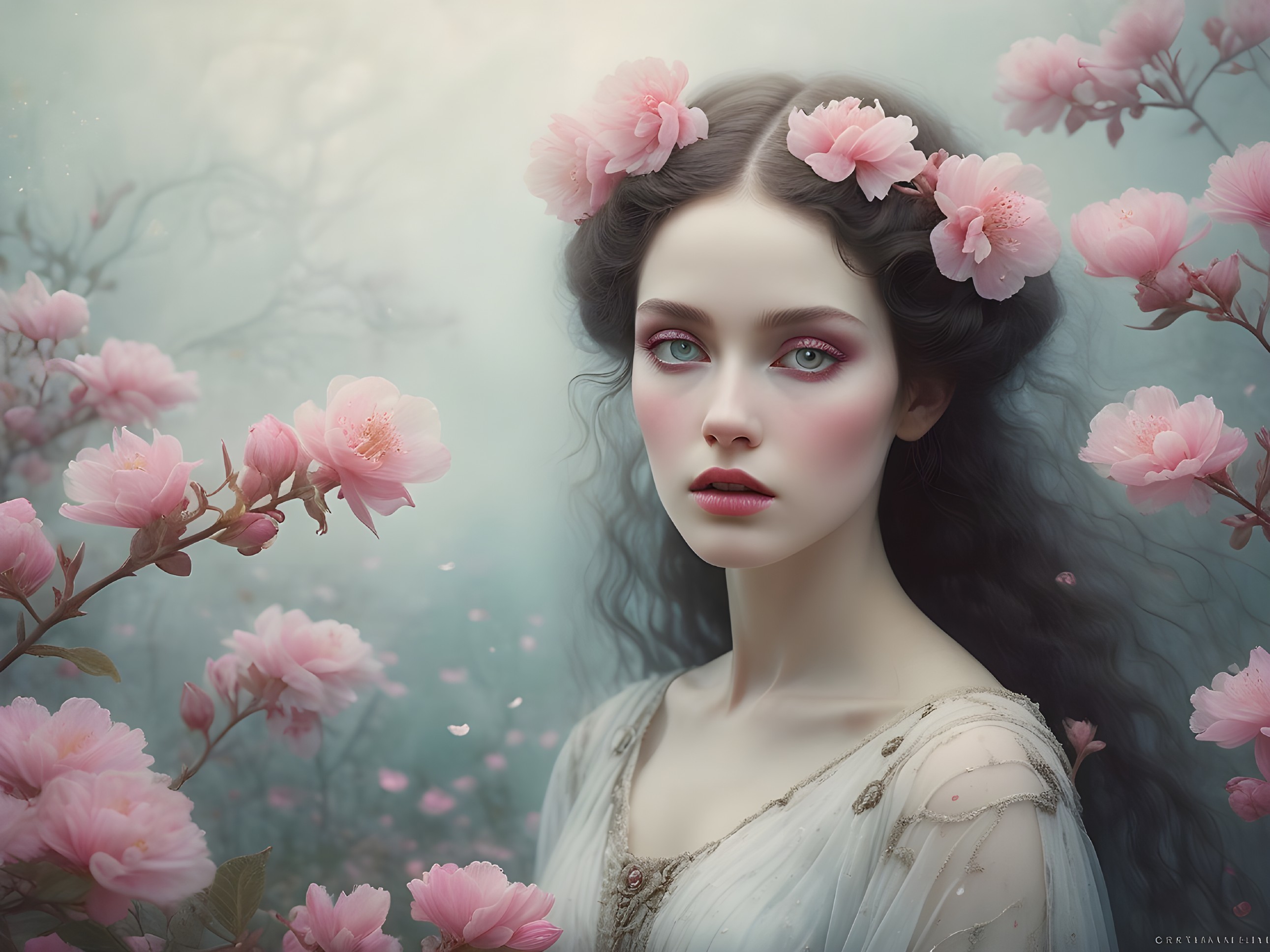 Young woman with dark hair and cherry blossoms