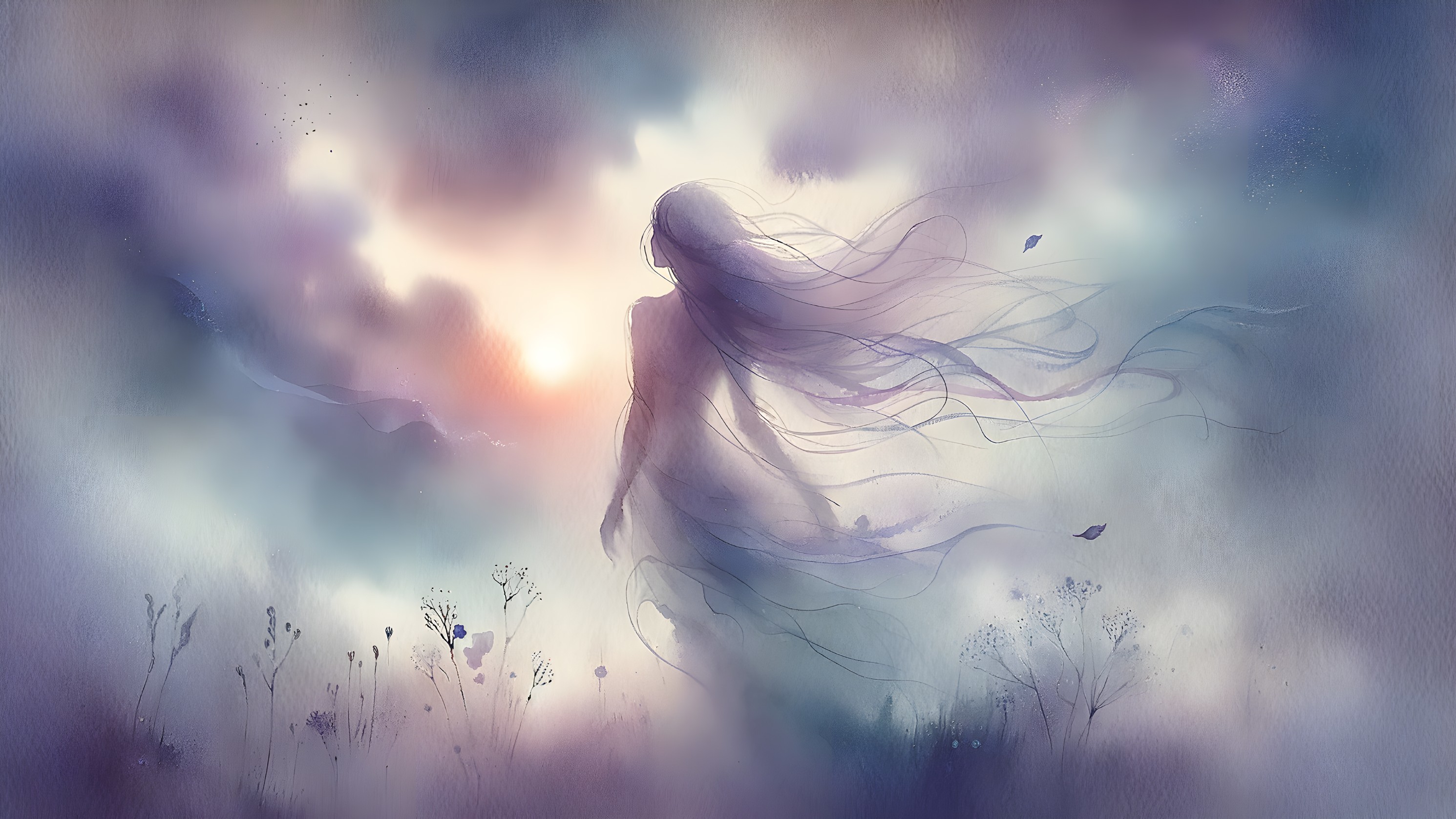 Ethereal Figure in Watercolor Dreamy Landscape