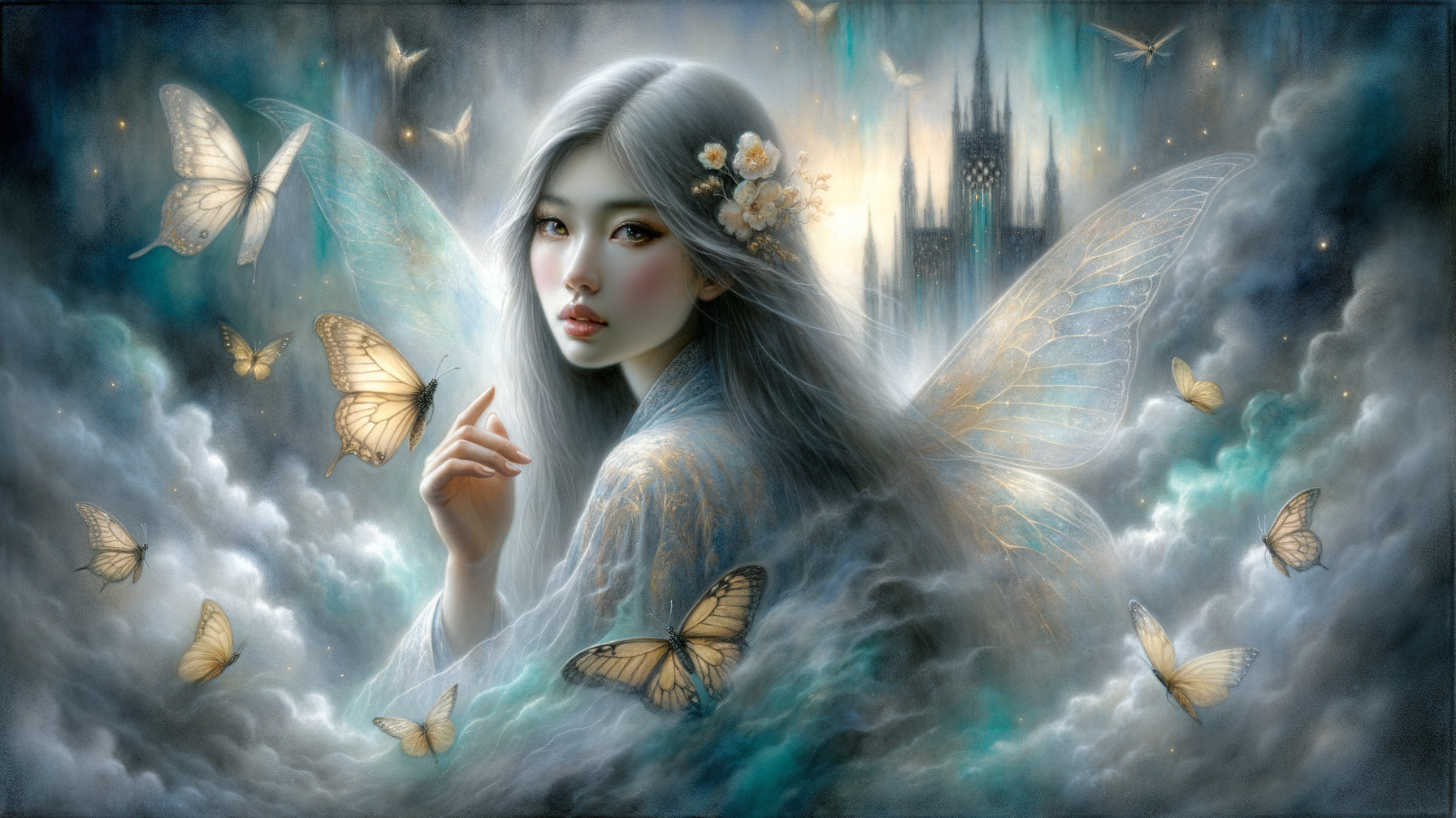 Mystical fairy in shimmering gown amidst ethereal butterflies