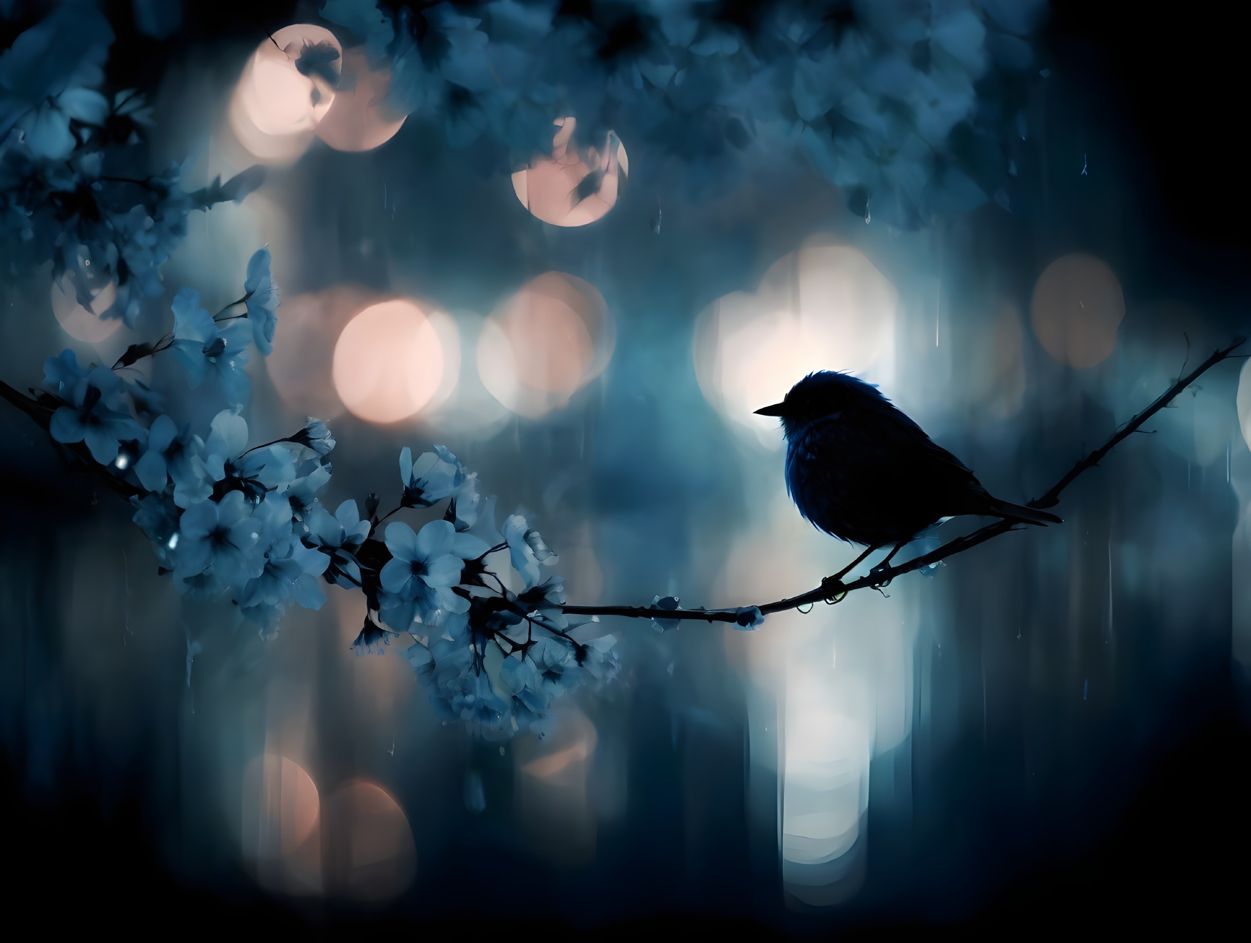 Silhouette of a Bird on Cherry Blossom Branch