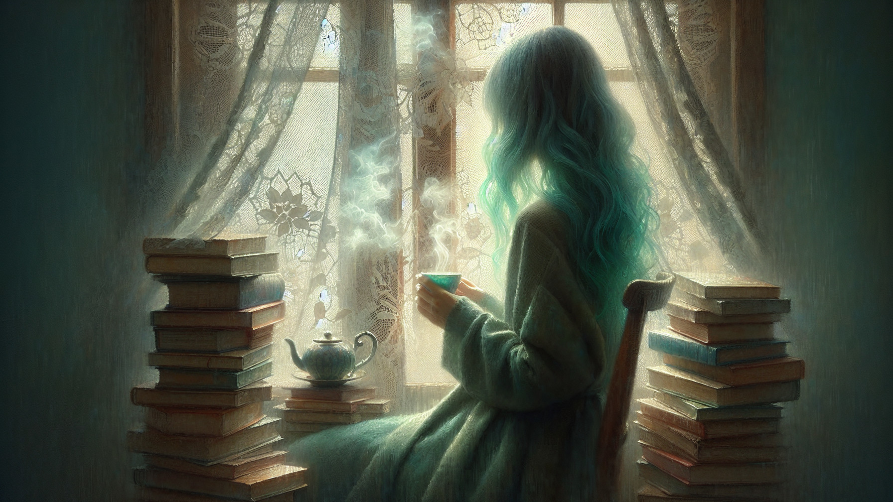Tranquil Reading Nook with Teal-Haired Figure