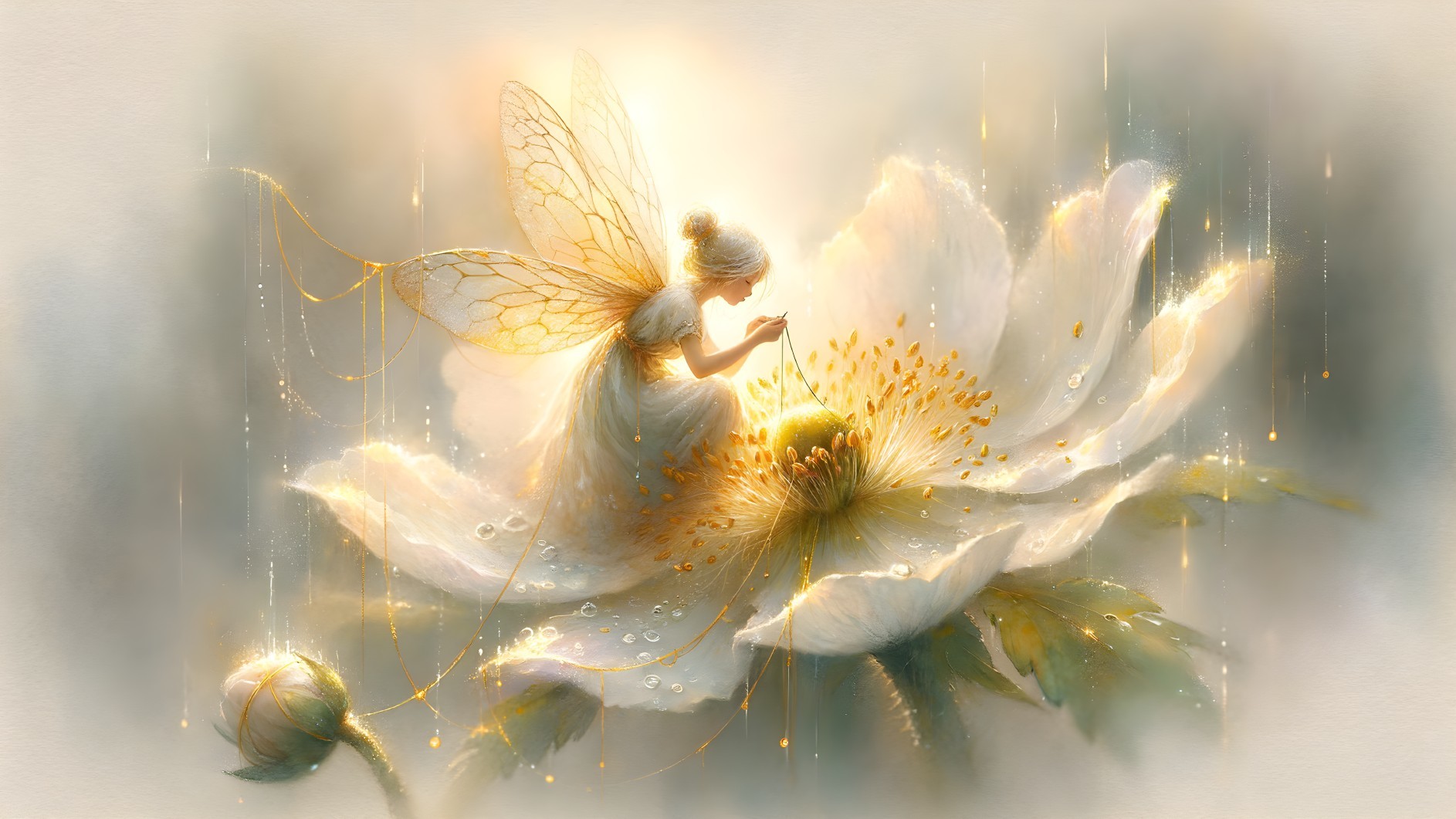 Delicate fairy on luminous flower with translucent wings
