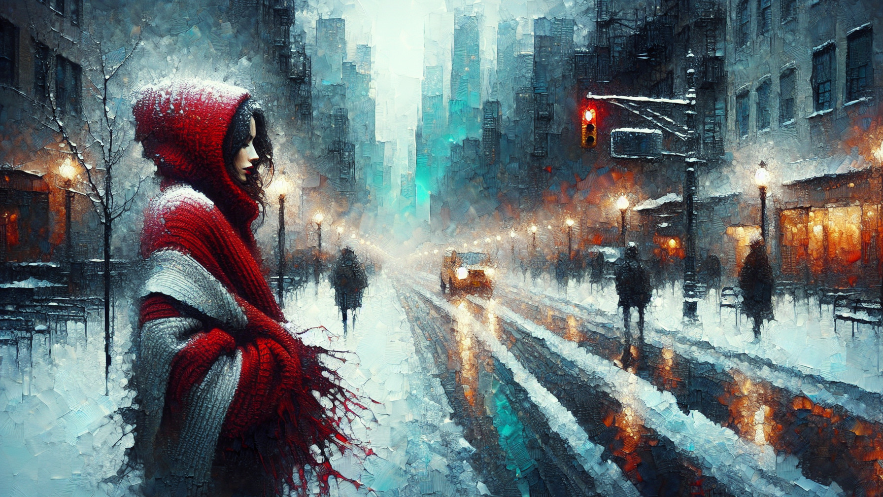 Snowy Urban Scene with Woman in Red Hooded Scarf
