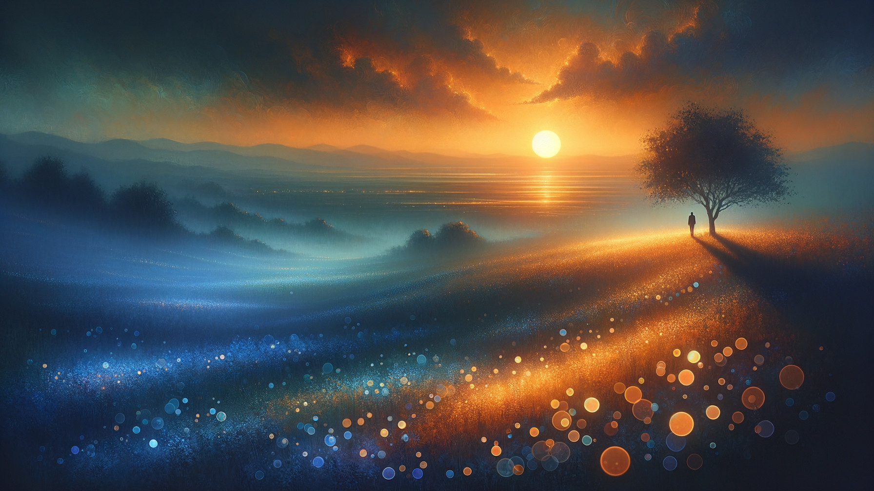 Serene Sunset Landscape with Rolling Hills and Tree