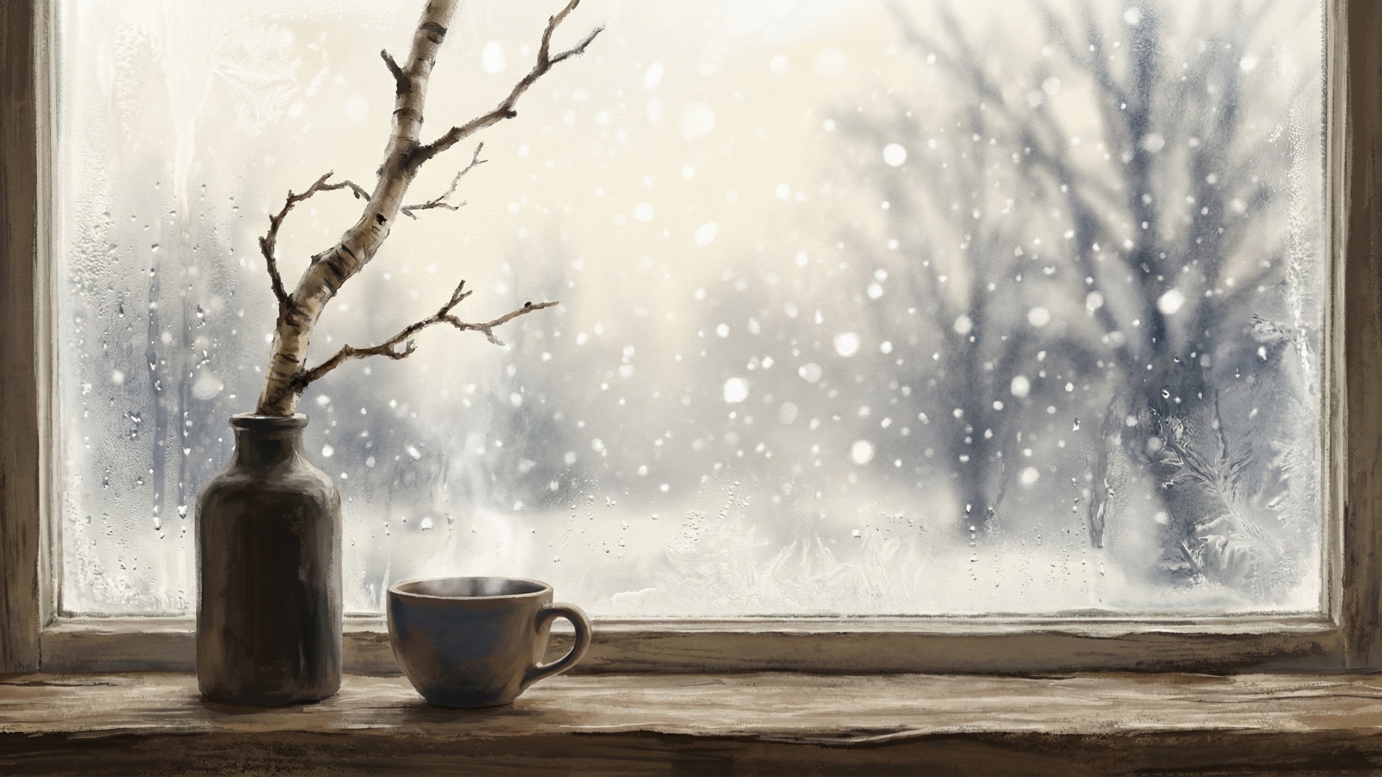 Cozy Winter Scene with Snowstorm Outside a Window