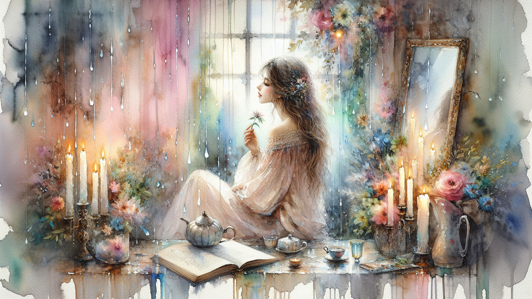 Watercolor Painting of Young Girl in Dreamy Setting