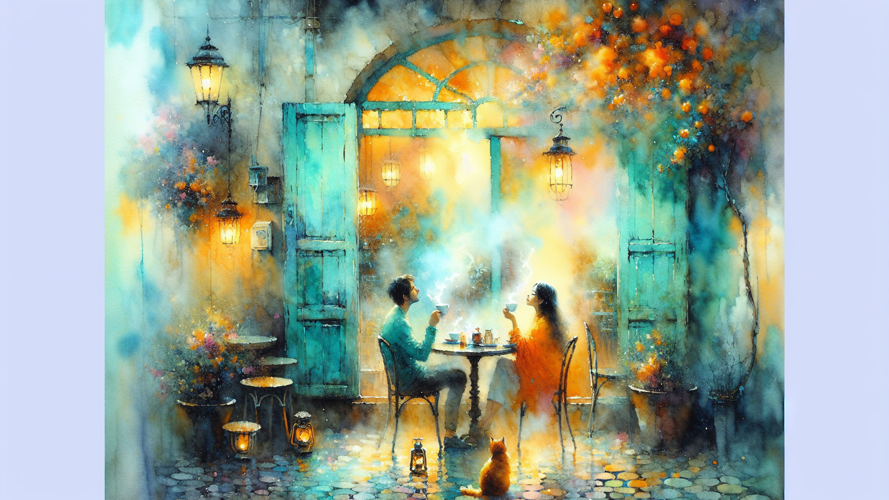 Dreamy café scene with couple, lanterns, and mist