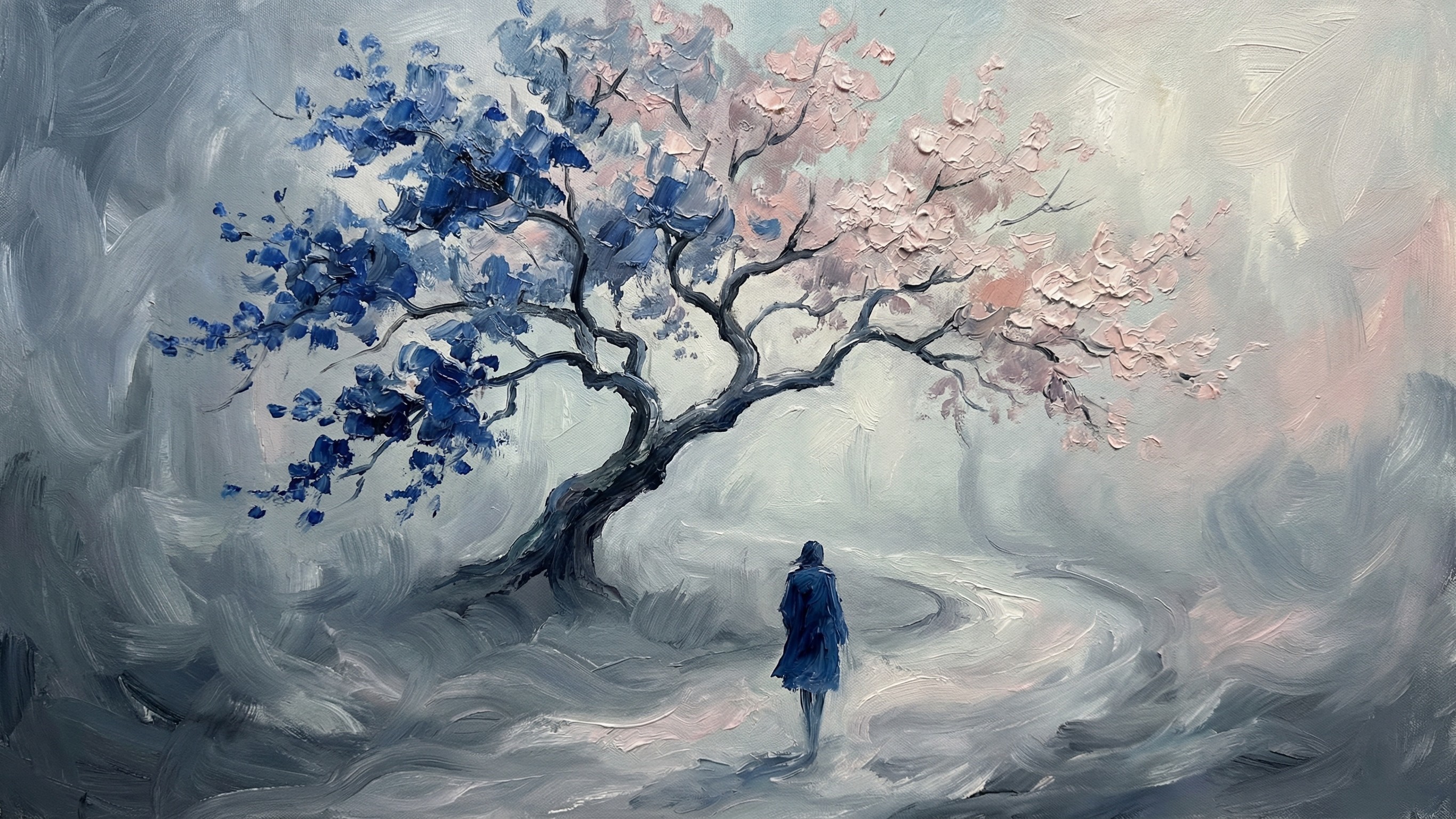 Oil Painting of Split Tree with Colorful Flowers