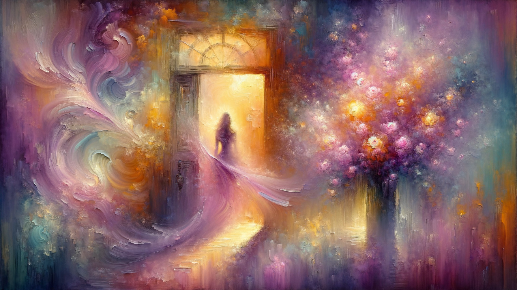 Ethereal Figure in Golden Light with Abstract Flowers